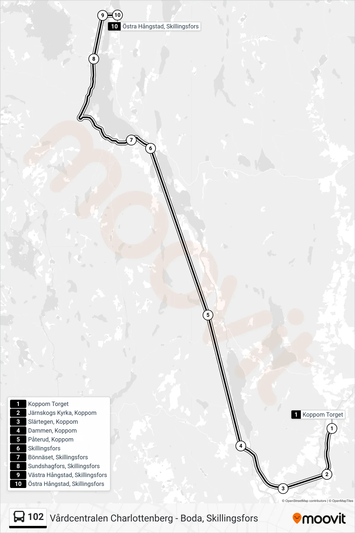 Rutt och hållplatser på karta för linje 102 spårvagn, (Östra Hångstad, Skillingsfors)