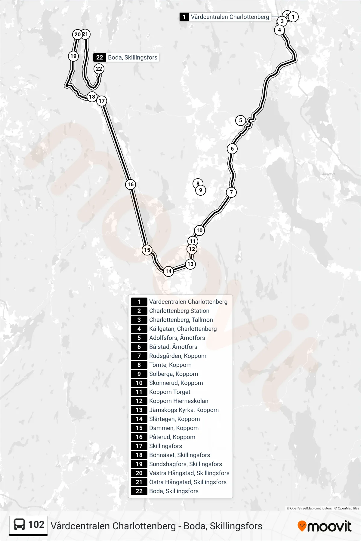 Rutt och hållplatser på karta för linje 102 spårvagn, (Boda, Skillingsfors)