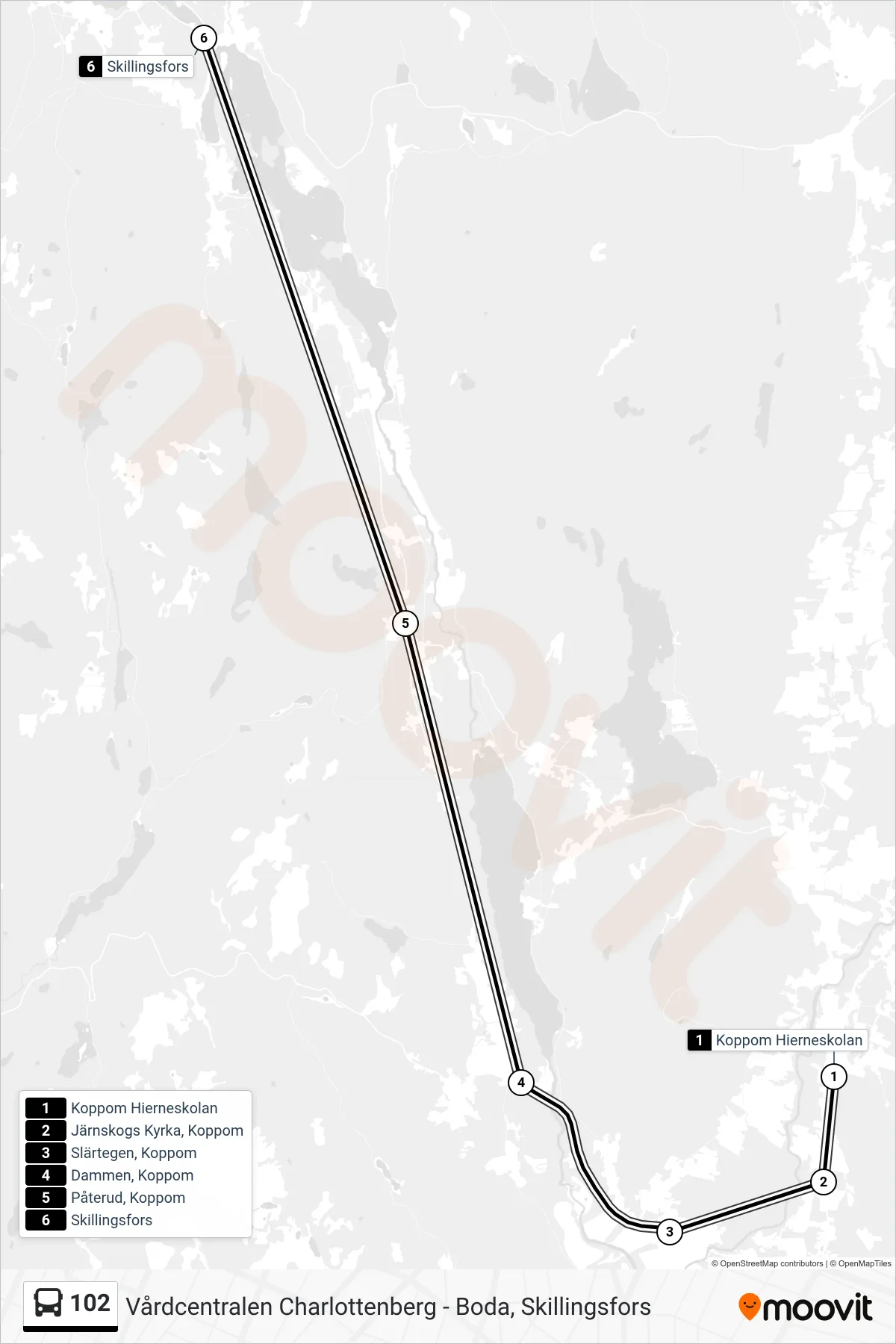 Rutt och hållplatser på karta för linje 102 spårvagn, (Skillingsfors)