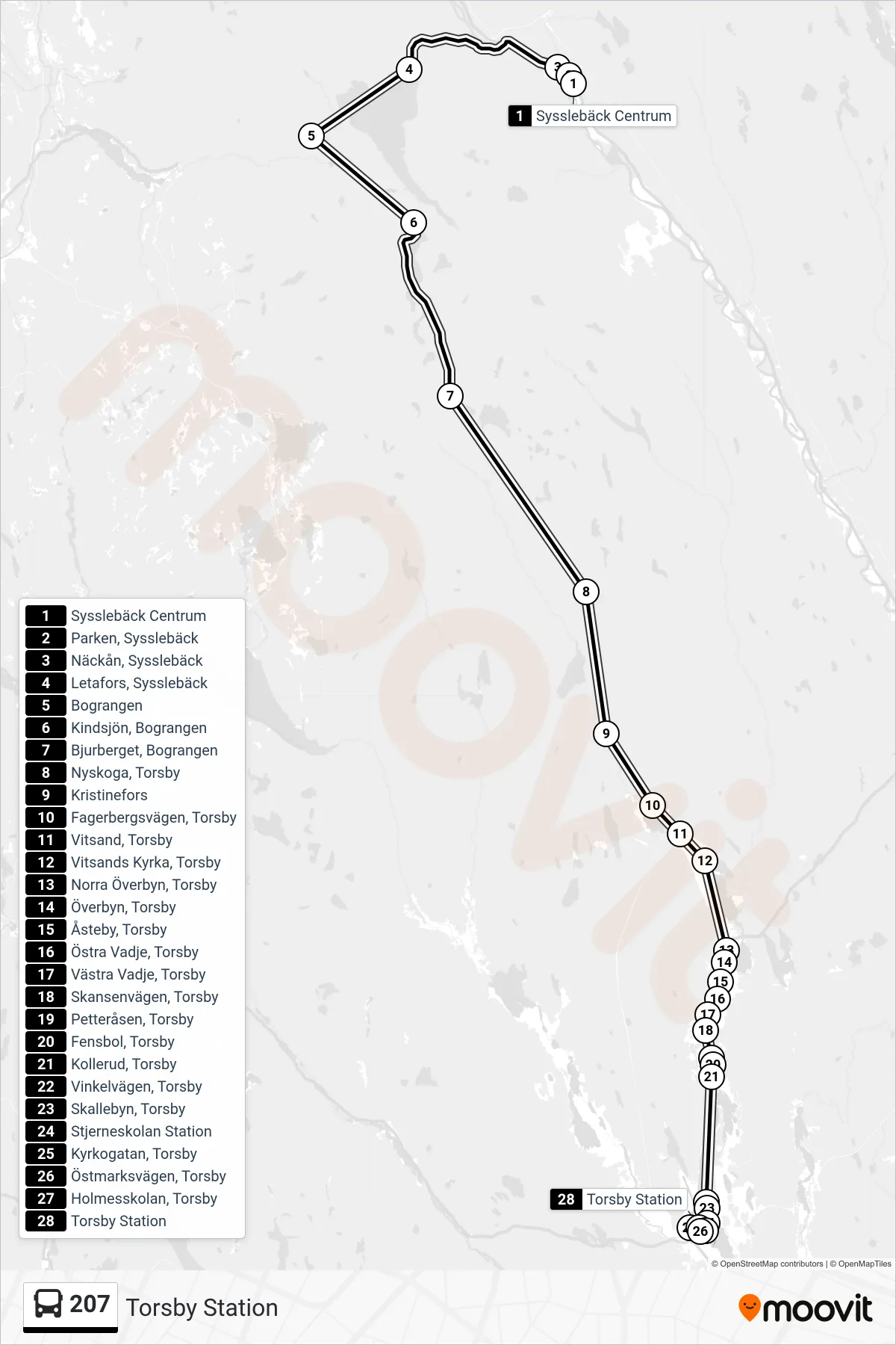 Rutt och hållplatser på karta för linje 207  spårvagn, (Torsby Station)