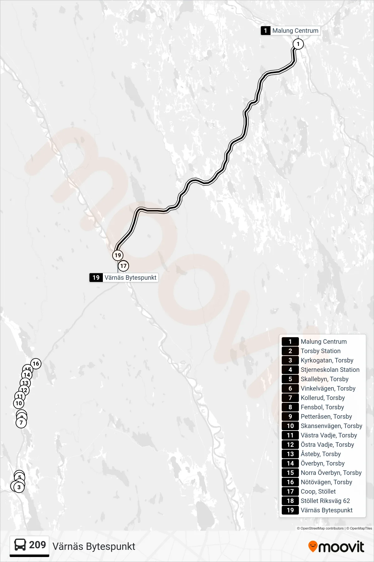Rutt och hållplatser på karta för linje 209 spårvagn, (Värnäs Bytespunkt)