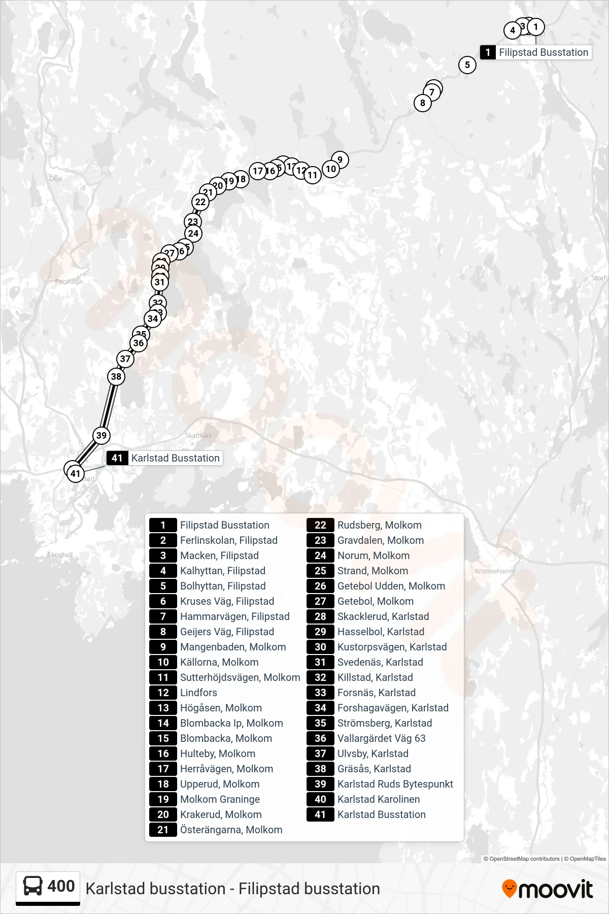 Rutt och hållplatser på karta för linje 400 spårvagn, (Karlstad Busstation)