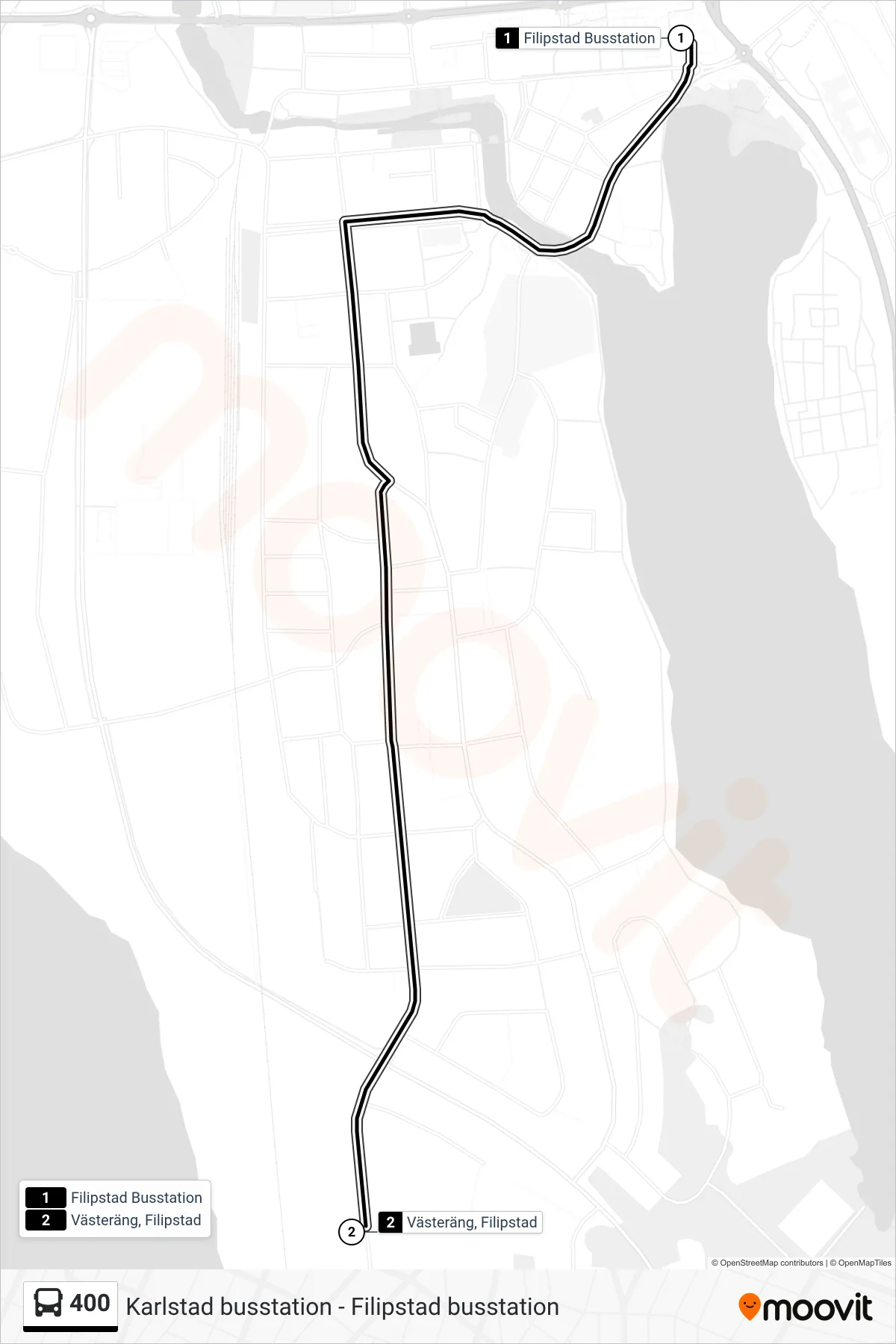 Rutt och hållplatser på karta för linje 400  spårvagn, (Västeräng, Filipstad)