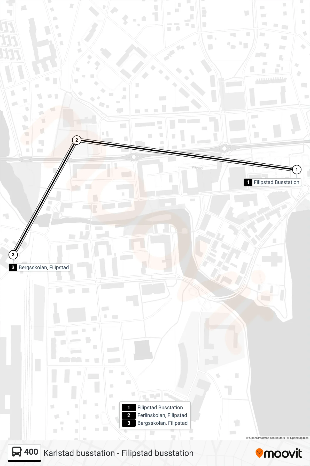 Rutt och hållplatser på karta för linje 400 spårvagn, (Bergsskolan, Filipstad)