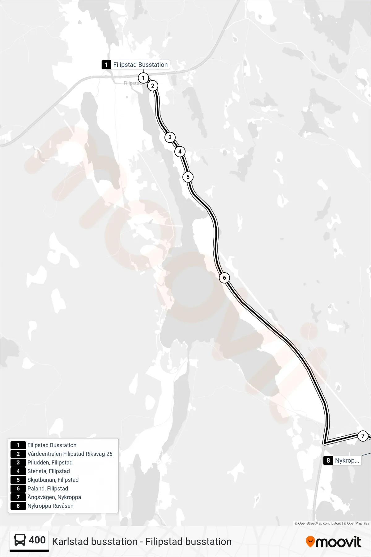 Rutt och hållplatser på karta för linje 400 spårvagn, (Nykroppa Rävåsen)