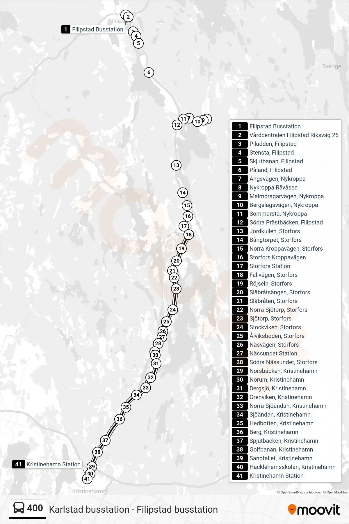 Rutt och hållplatser på karta för linje 400  spårvagn, (Kristinehamn Station)