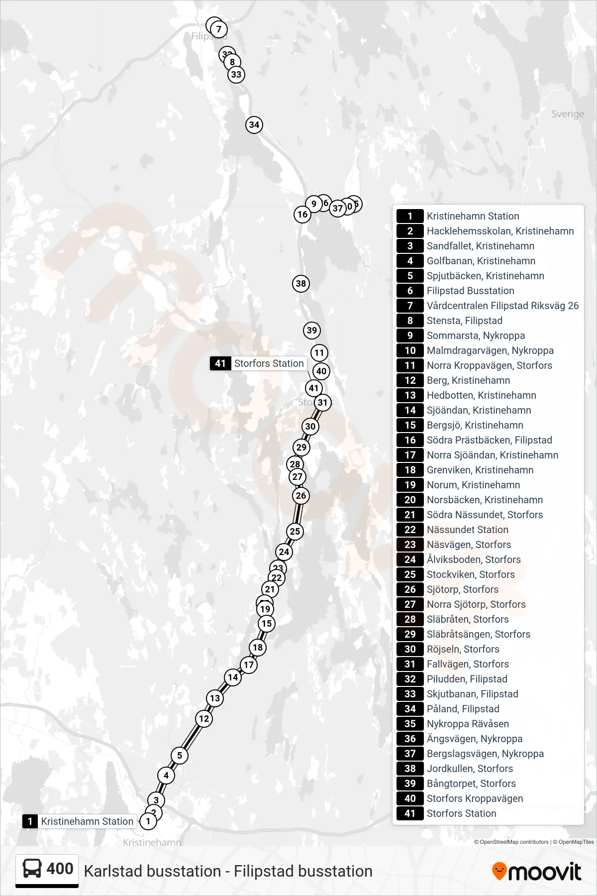 Rutt och hållplatser på karta för linje 400 spårvagn, (Storfors Station)