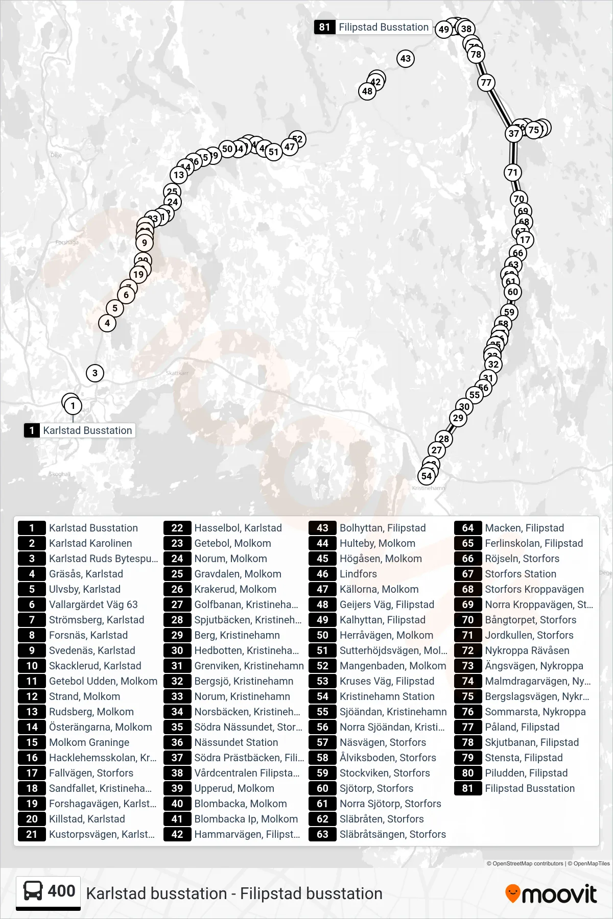Rutt och hållplatser på karta för linje 400 spårvagn, (Filipstad Busstation)