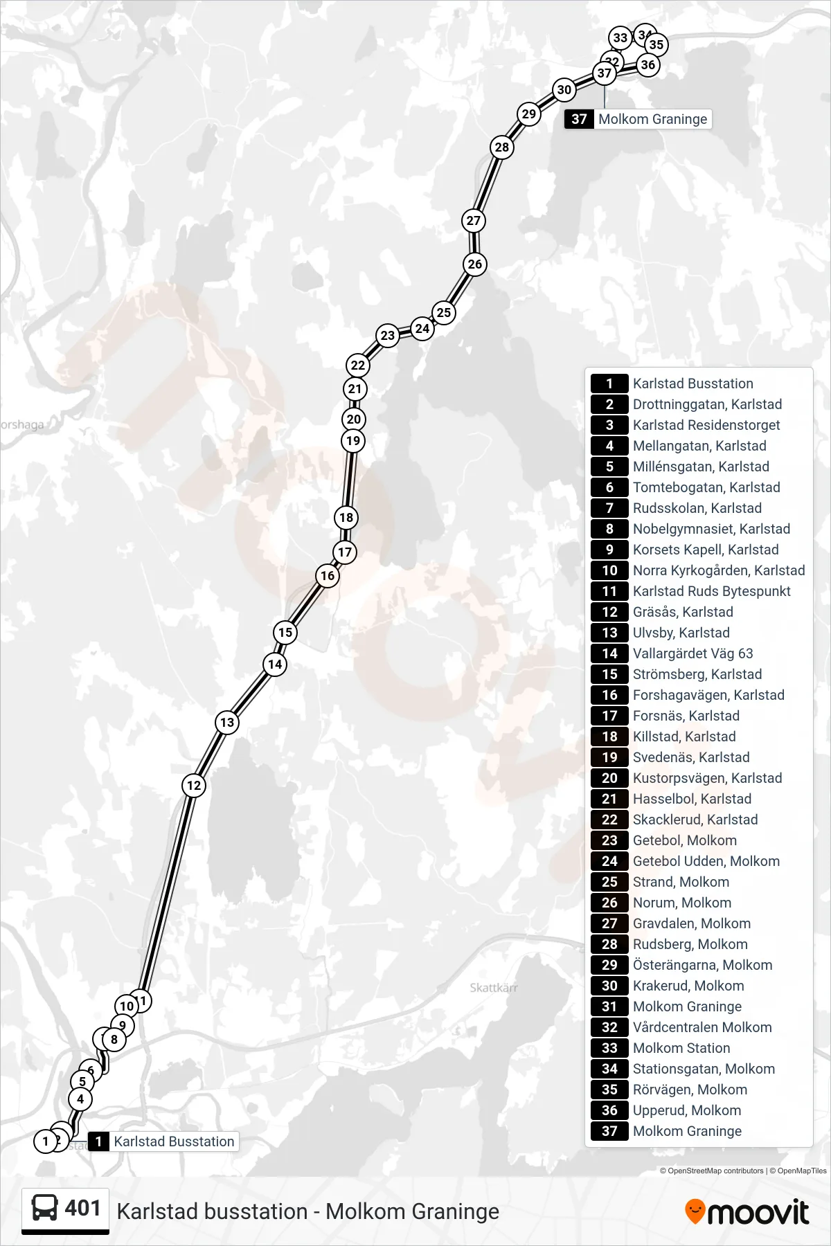 Rutt och hållplatser på karta för linje 401 spårvagn, (Molkom Graninge)