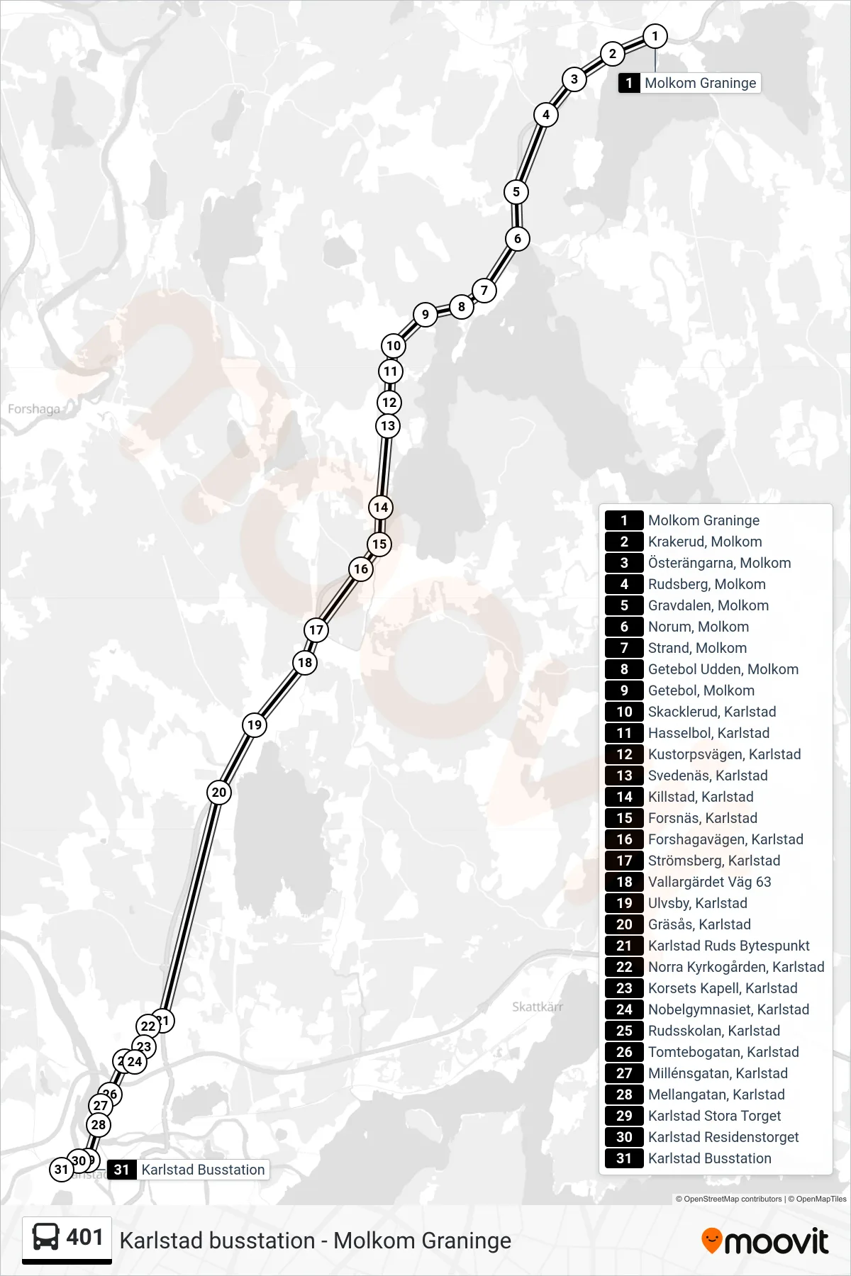 Rutt och hållplatser på karta för linje 401 spårvagn, (Karlstad Busstation)
