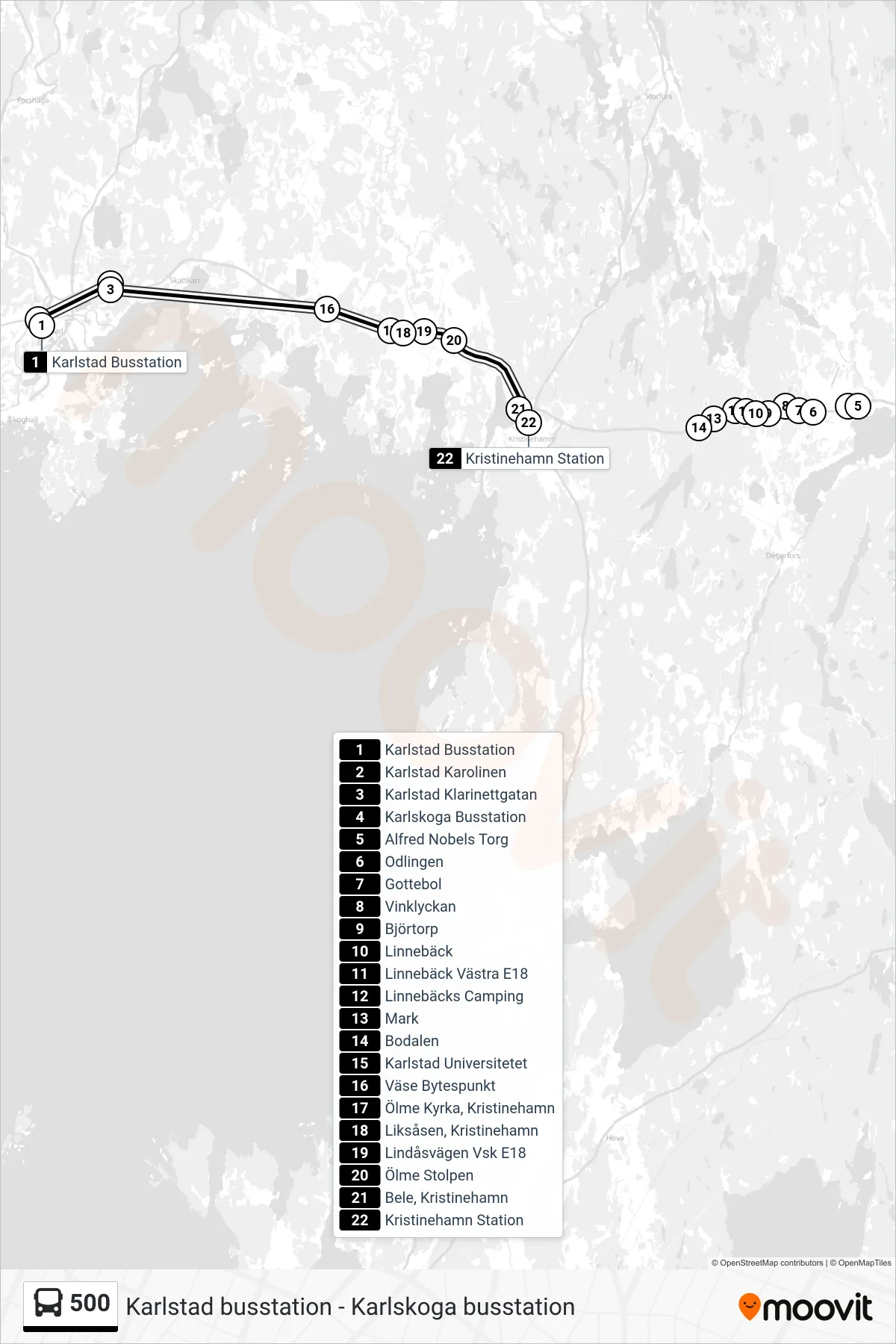Rutt och hållplatser på karta för linje 500 spårvagn, (Kristinehamn Station)