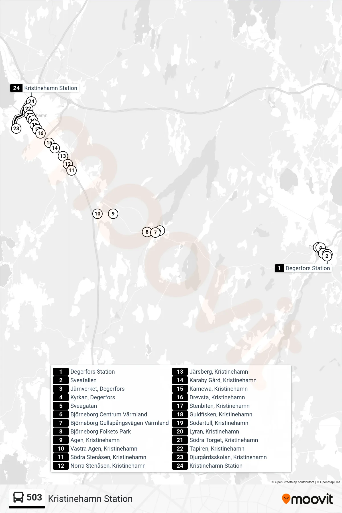 Rutt och hållplatser på karta för linje 503  spårvagn, (Kristinehamn Station)