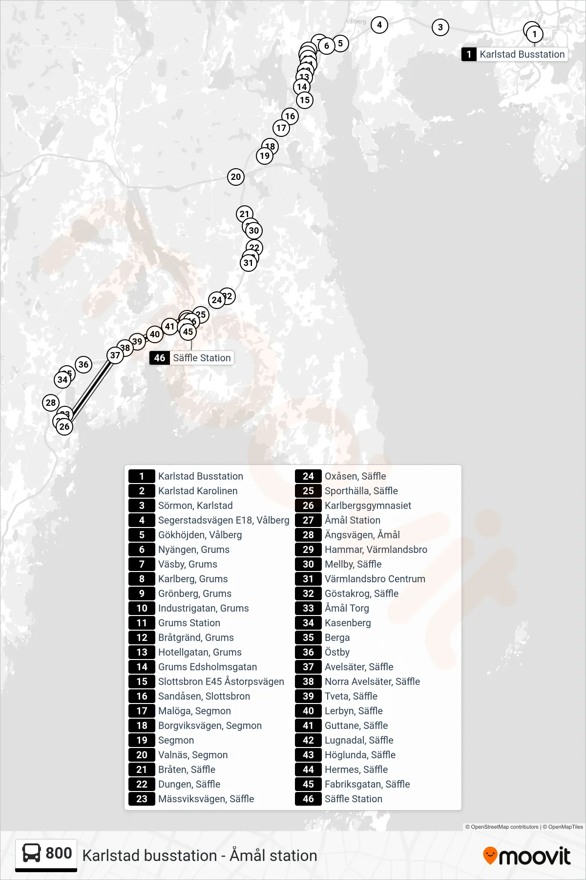 Rutt och hållplatser på karta för linje 800 spårvagn, (Säffle Station)