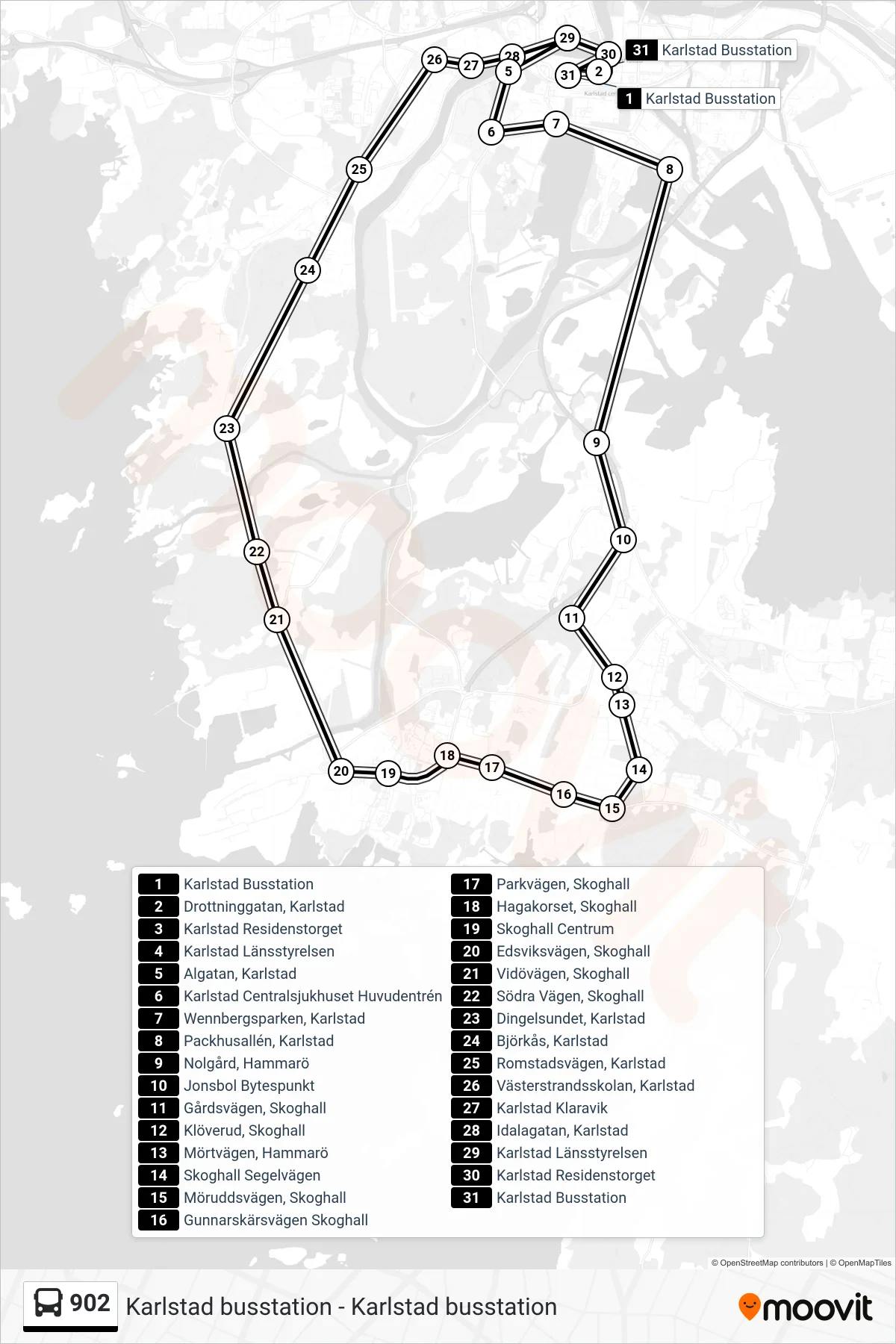 Rutt och hållplatser på karta för linje 902 spårvagn, (Karlstad Busstation)