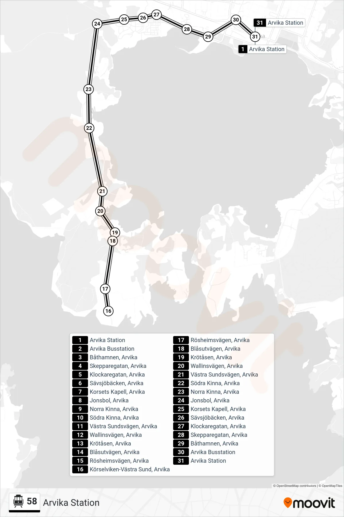 Rutt och hållplatser på karta för linje 58  spårvagn, (Arvika Station)