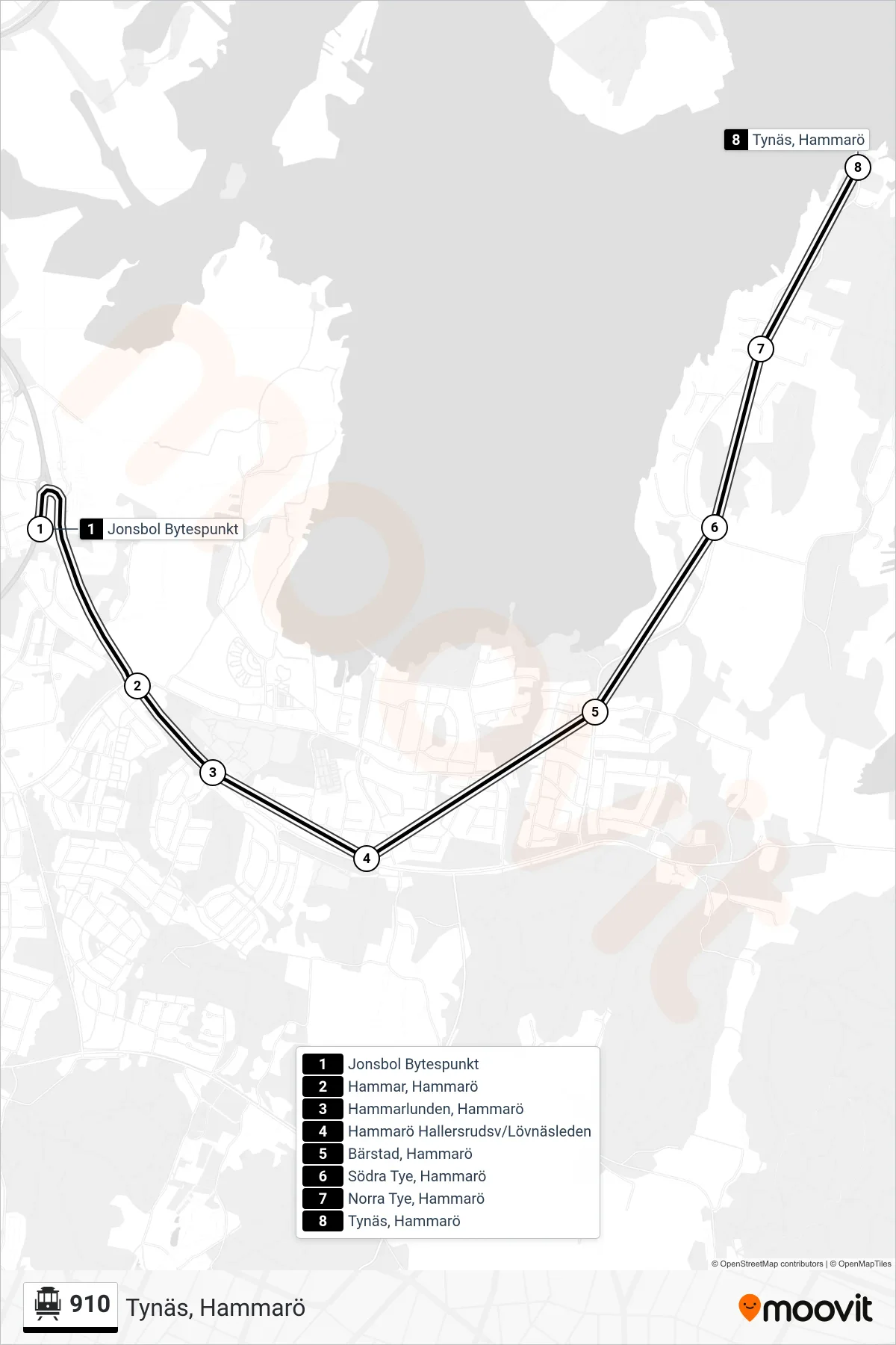 Rutt och hållplatser på karta för linje 910 spårvagn, (Tynäs, Hammarö)