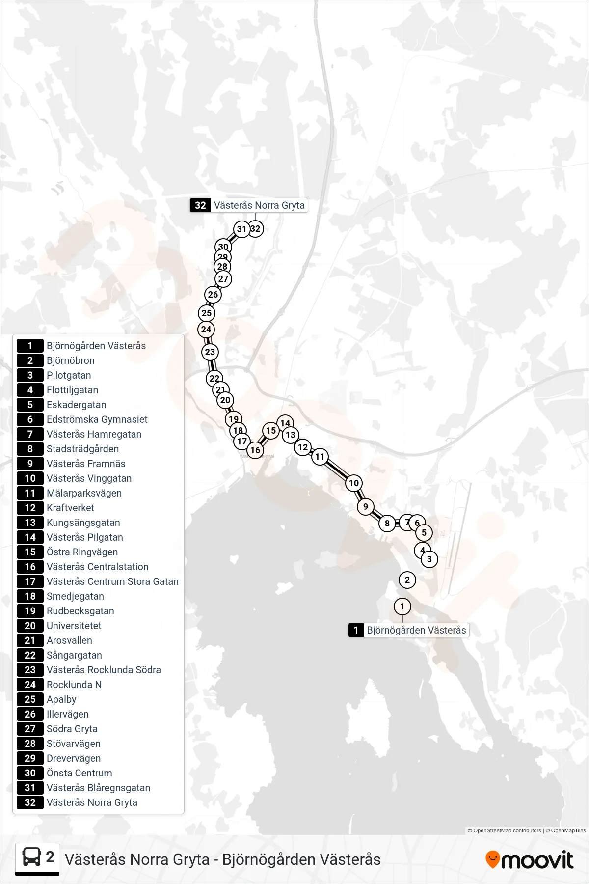 Rutt och hållplatser på karta för linje 2 spårvagn, (Västerås Norra Gryta)