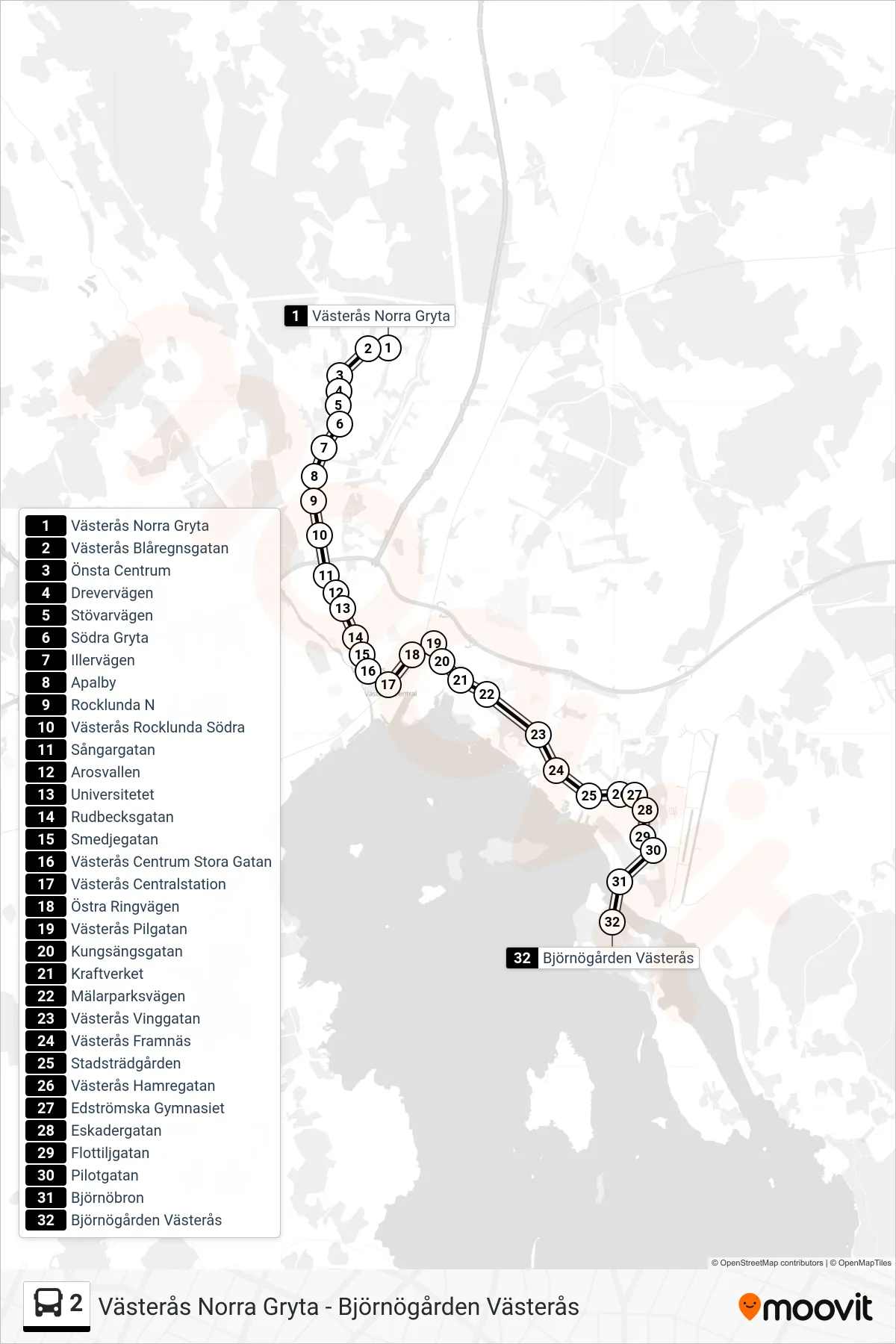 Rutt och hållplatser på karta för linje 2 spårvagn, (Björnögården Västerås)