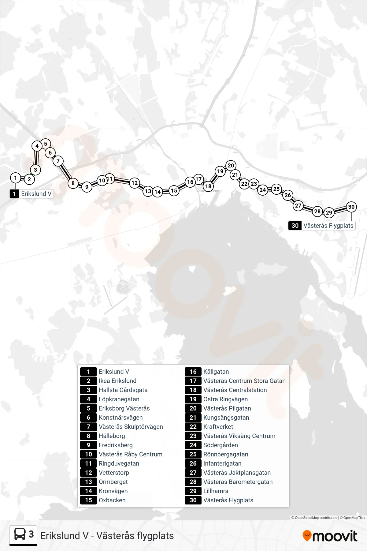 Rutt och hållplatser på karta för linje 3  spårvagn, (Västerås Flygplats)