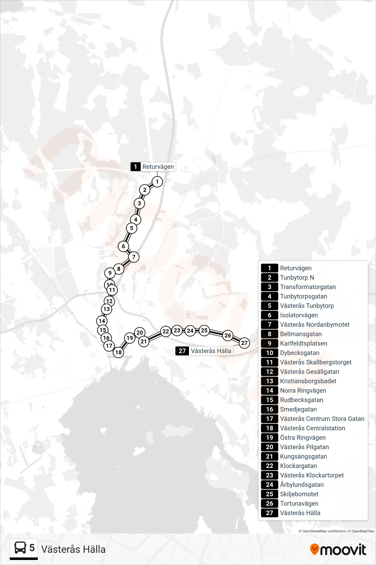Rutt och hållplatser på karta för linje 5  spårvagn, (Västerås Hälla)