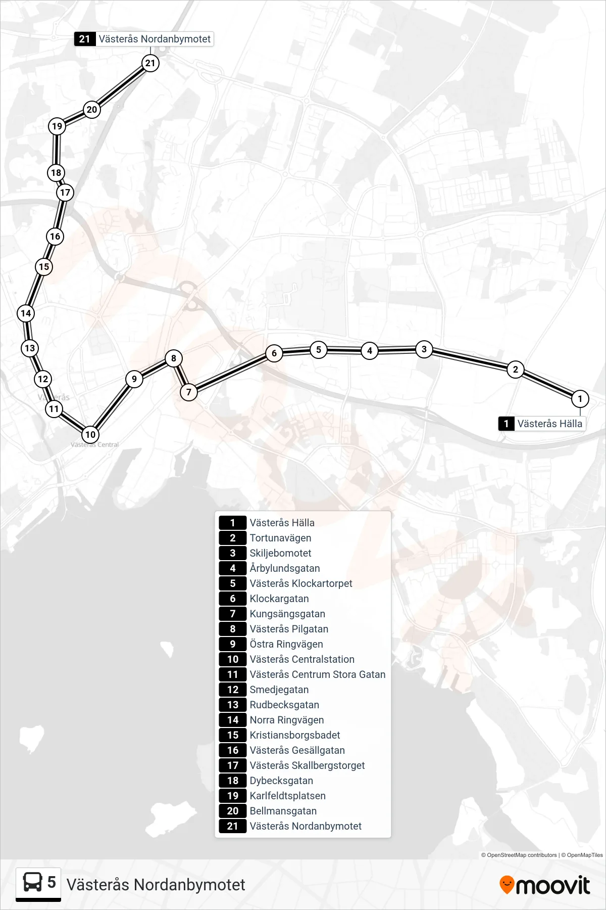 Rutt och hållplatser på karta för linje 5  spårvagn, (Västerås Nordanbymotet)