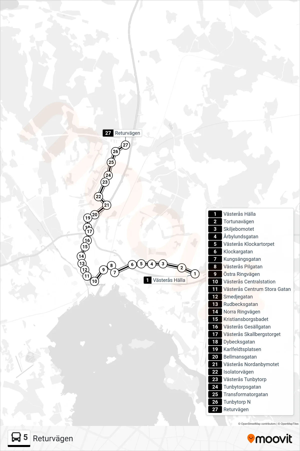 Rutt och hållplatser på karta för linje 5  spårvagn, (Returvägen)