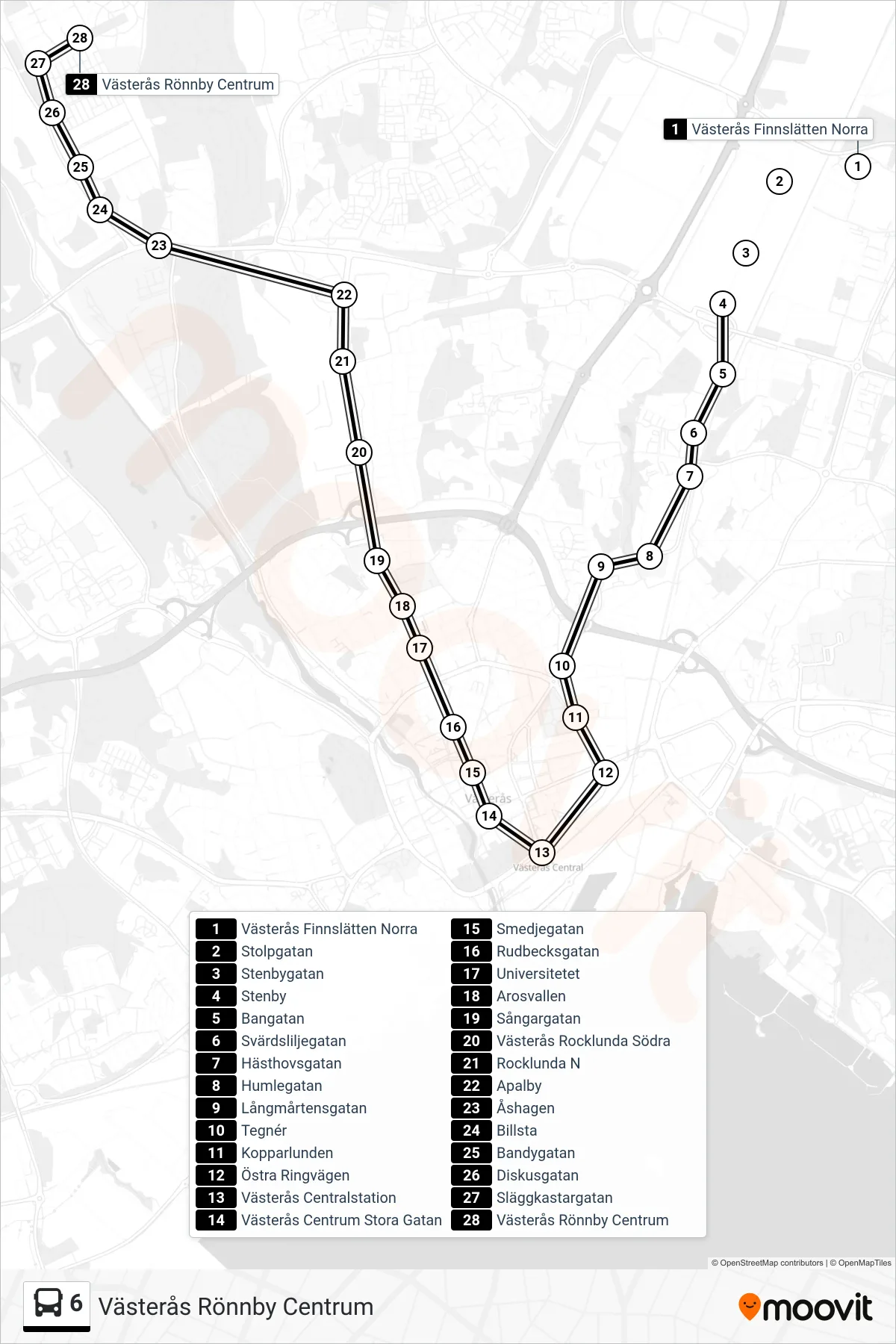 Rutt och hållplatser på karta för linje 6 spårvagn, (Västerås Rönnby Centrum)