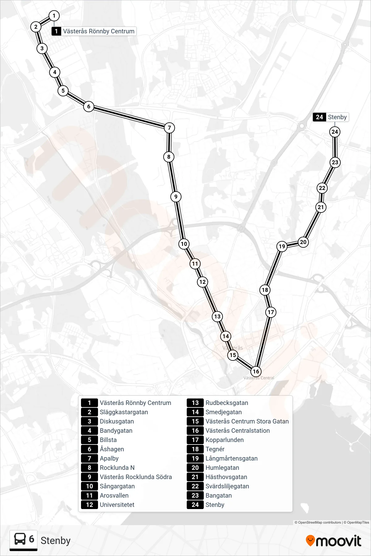 Rutt och hållplatser på karta för linje 6  spårvagn, (Stenby)