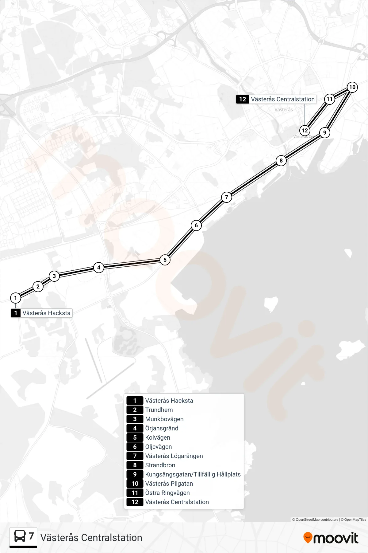 Rutt och hållplatser på karta för linje 7 spårvagn, (Västerås Centralstation)