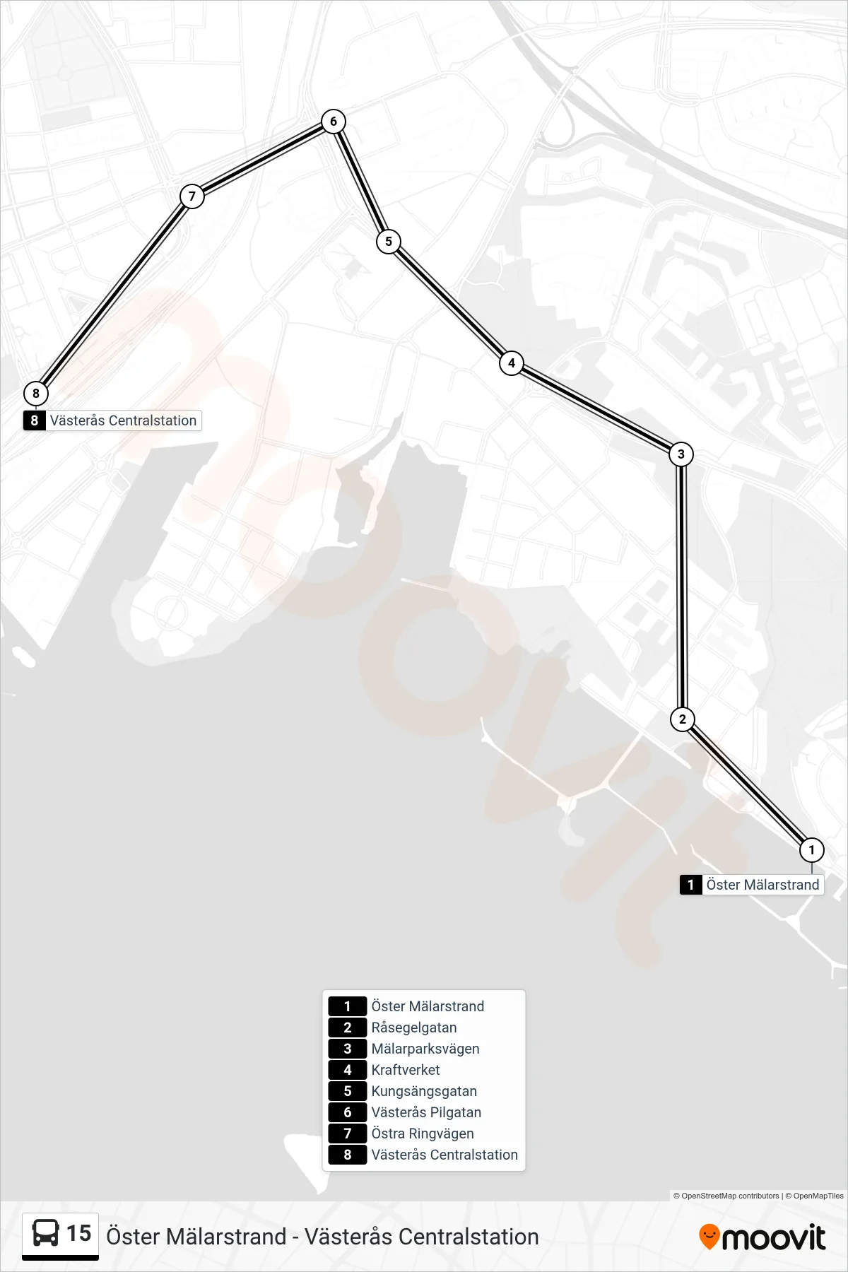 Rutt och hållplatser på karta för linje 15  spårvagn, (Västerås Centralstation)