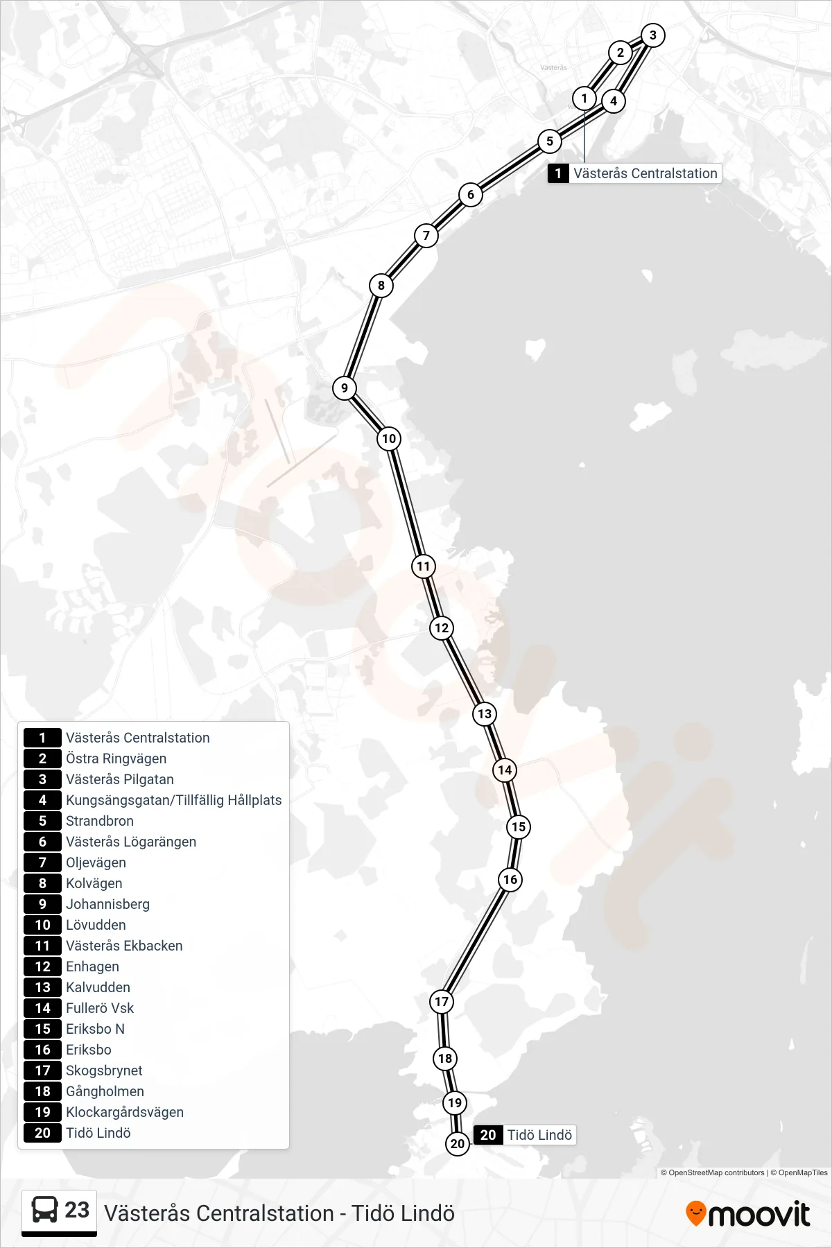Rutt och hållplatser på karta för linje 23  spårvagn, (Tidö Lindö)