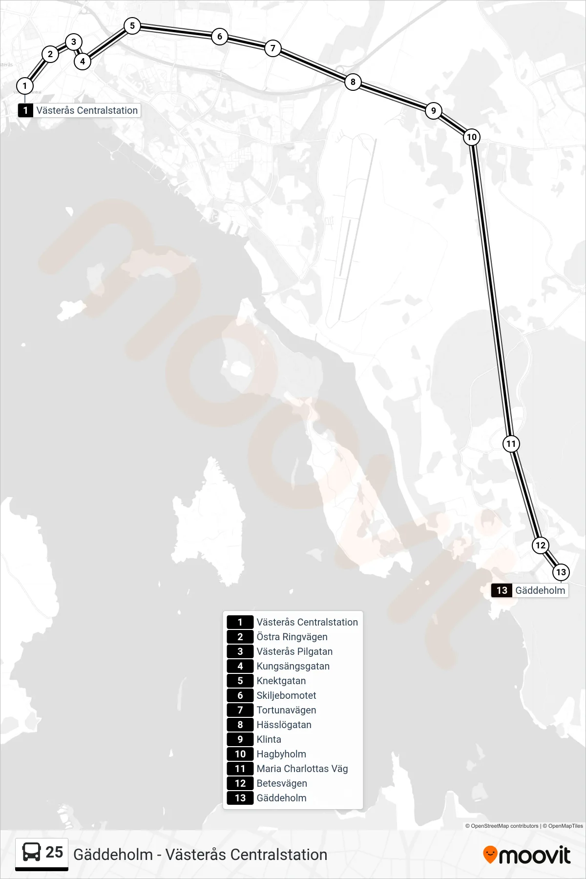 Rutt och hållplatser på karta för linje 25 spårvagn, (Gäddeholm)