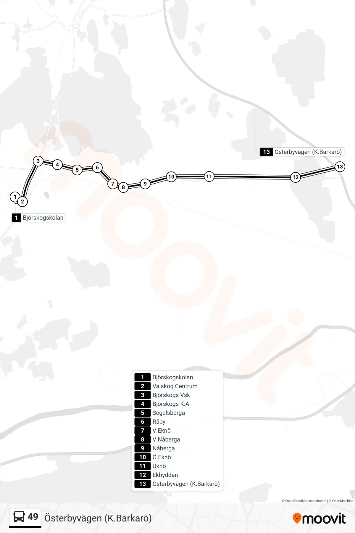 Rutt och hållplatser på karta för linje 49 spårvagn, (Österbyvägen (K.Barkarö))