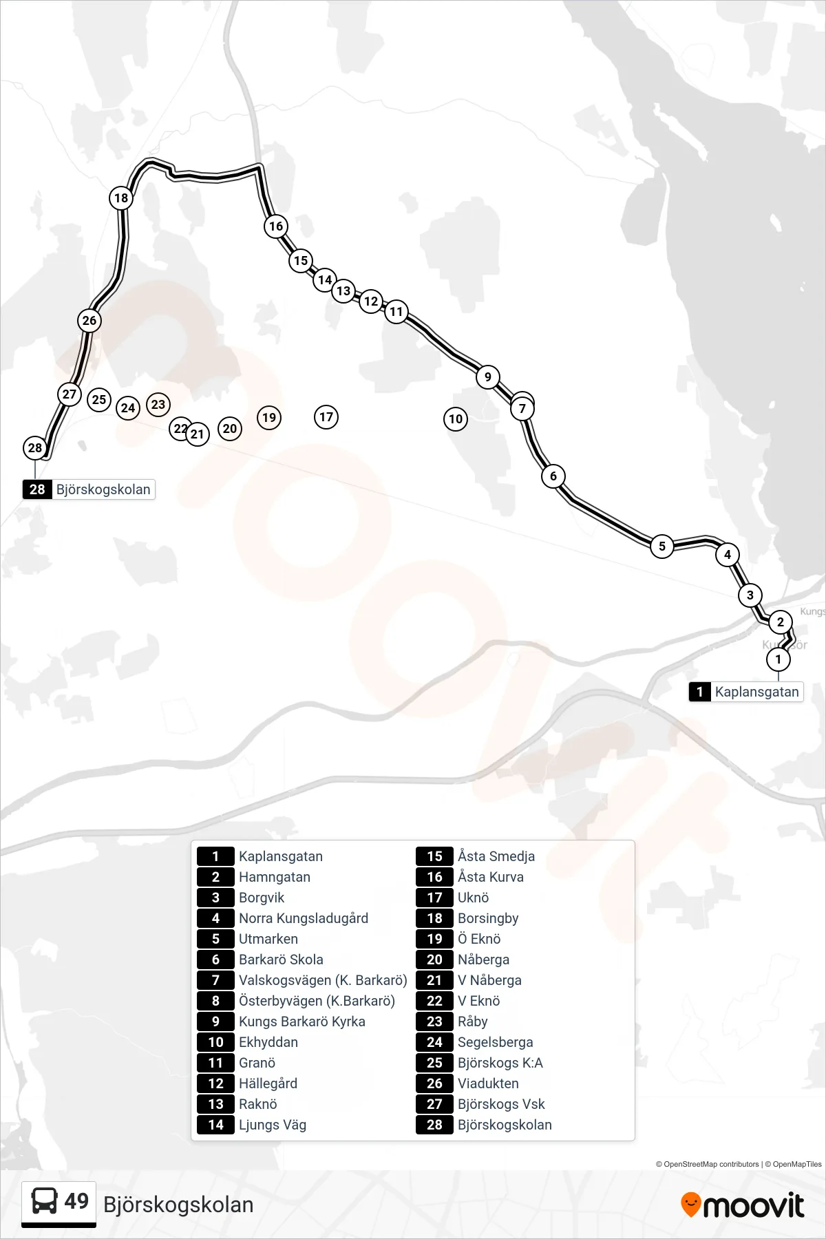 Rutt och hållplatser på karta för linje 49 spårvagn, (Björskogskolan)
