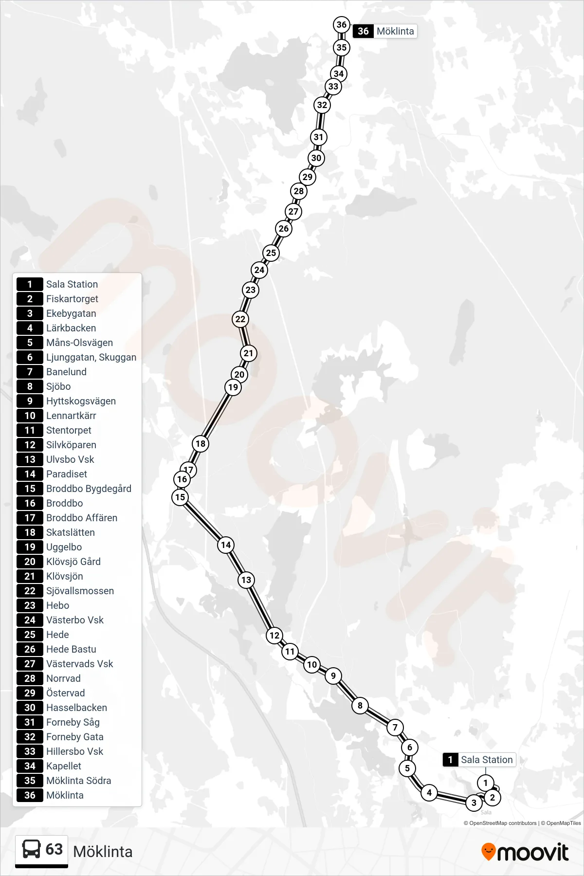 Rutt och hållplatser på karta för linje 63  spårvagn, (Möklinta)
