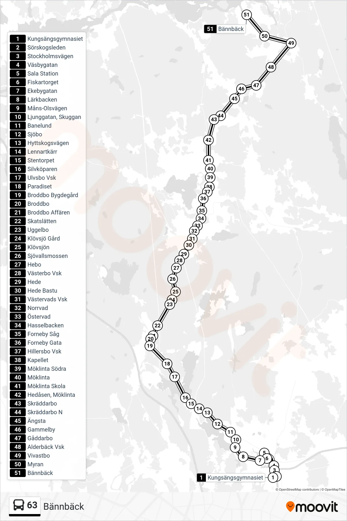 Rutt och hållplatser på karta för linje 63 spårvagn, (Bännbäck)