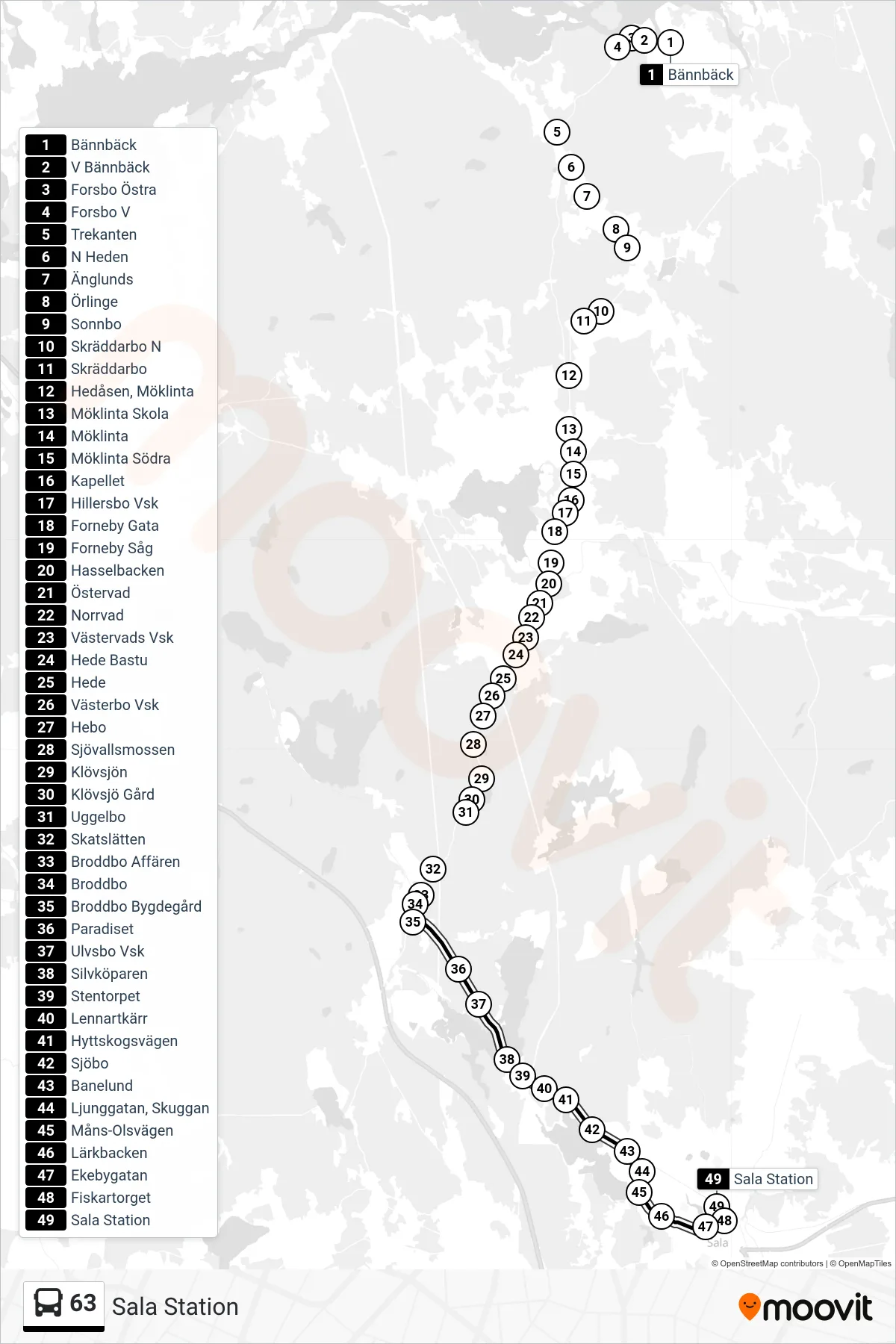 Rutt och hållplatser på karta för linje 63 spårvagn, (Sala Station)
