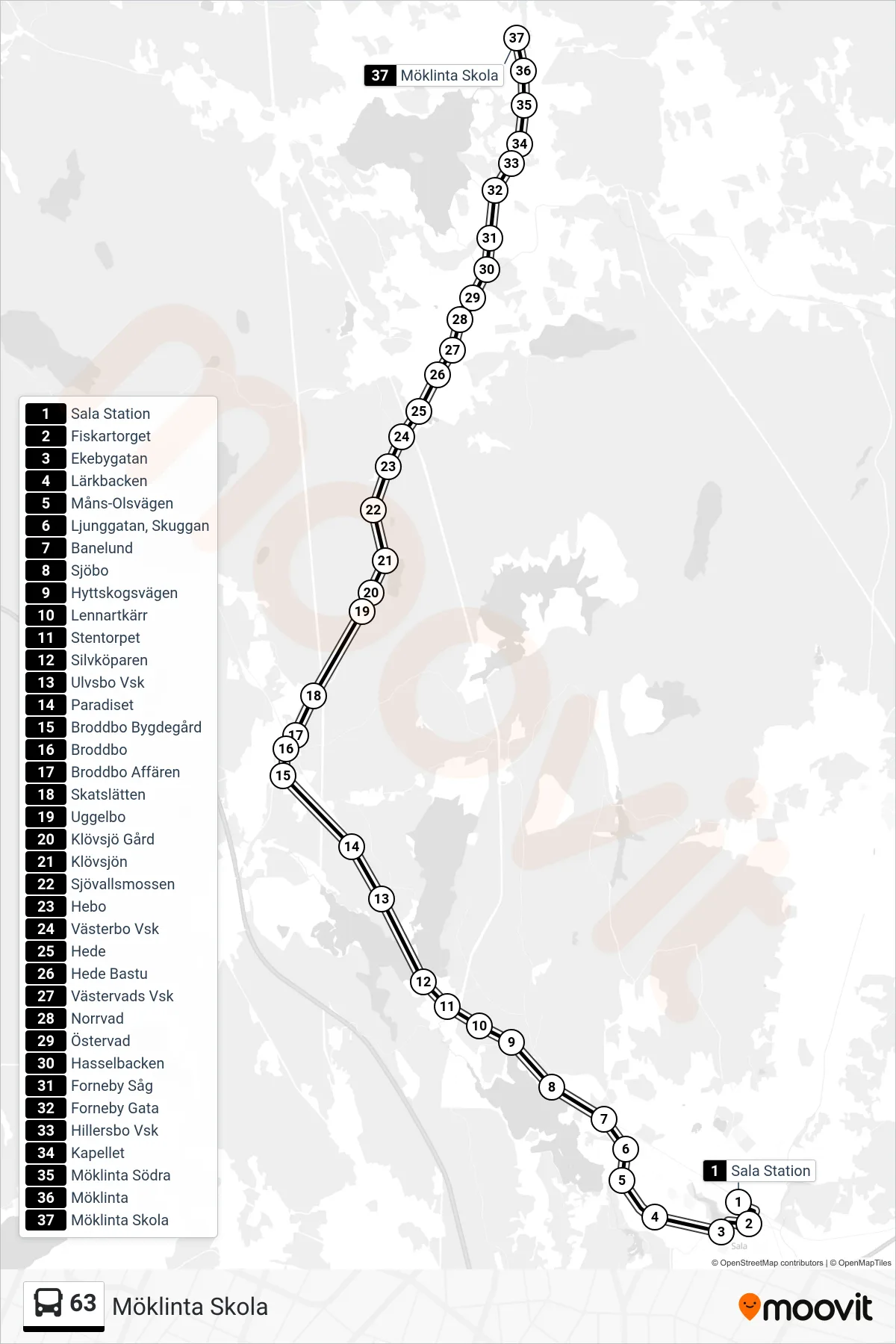 Rutt och hållplatser på karta för linje 63 spårvagn, (Möklinta Skola)