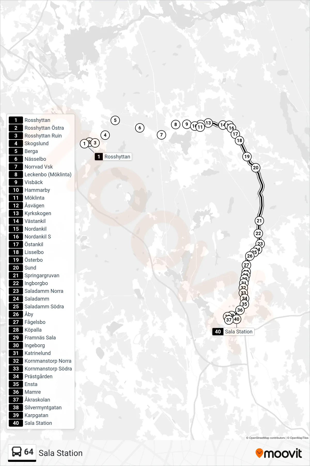 Rutt och hållplatser på karta för linje 64  spårvagn, (Sala Station)