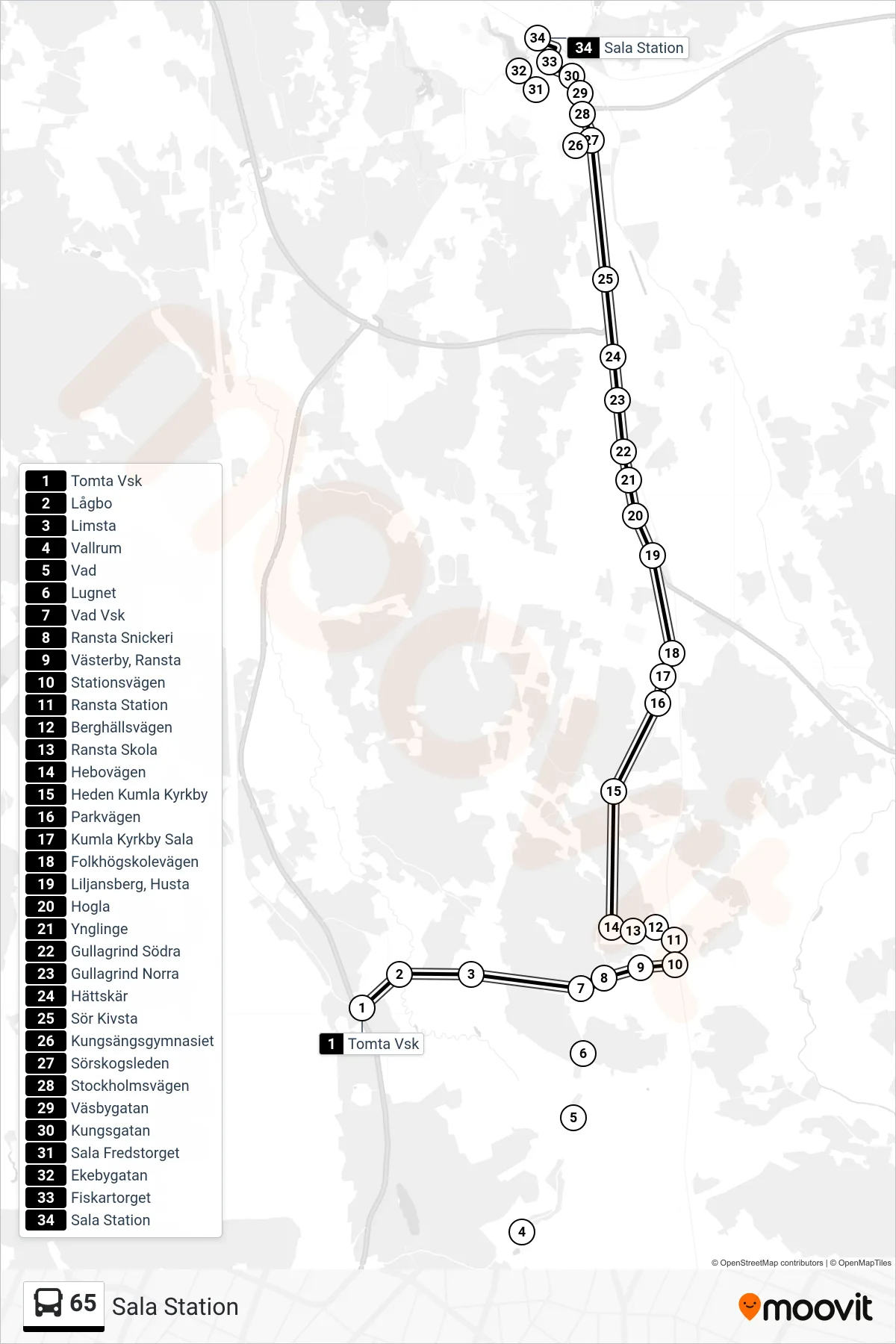 Rutt och hållplatser på karta för linje 65 spårvagn, (Sala Station)