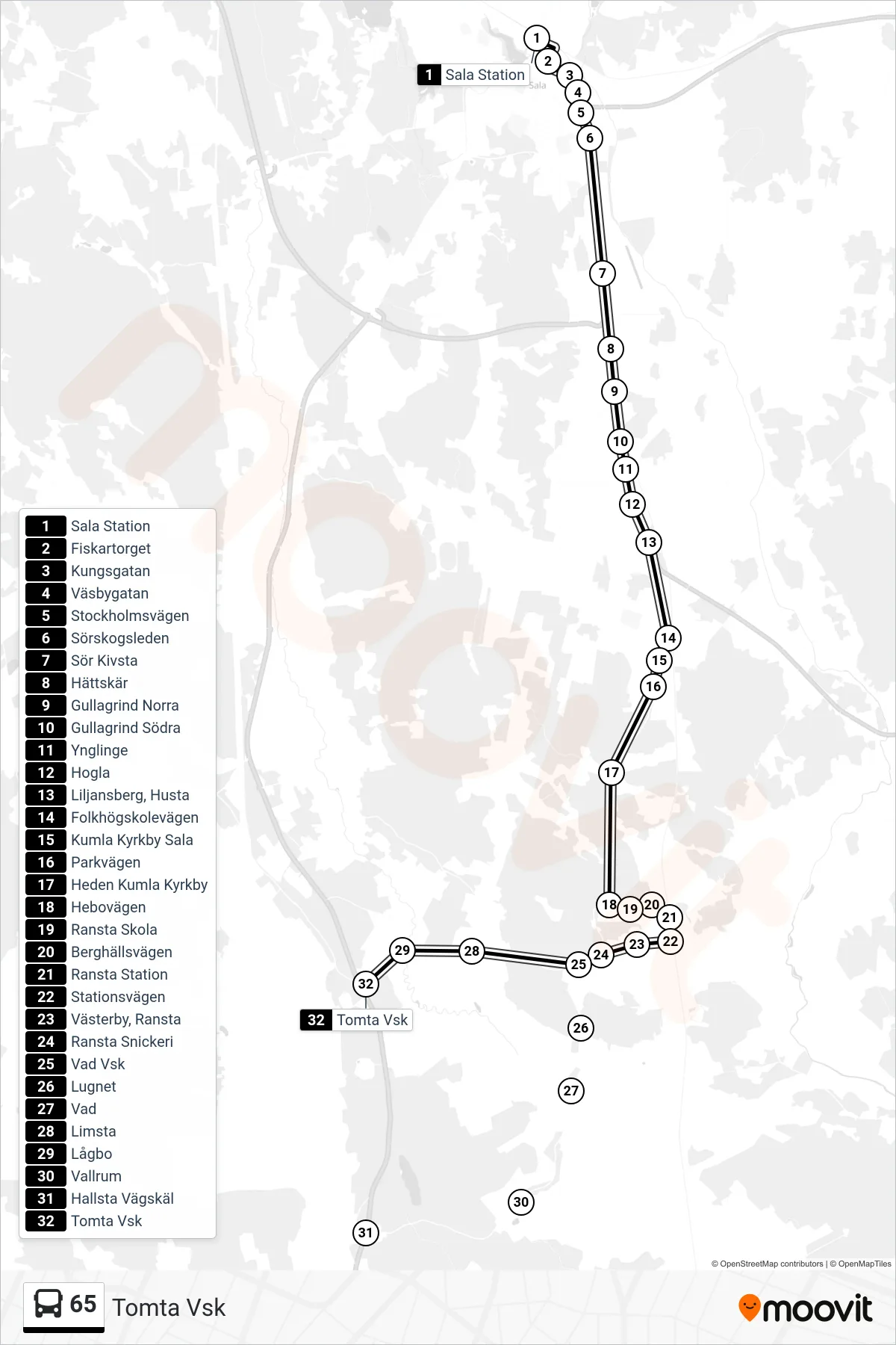 Rutt och hållplatser på karta för linje 65  spårvagn, (Tomta Vsk)