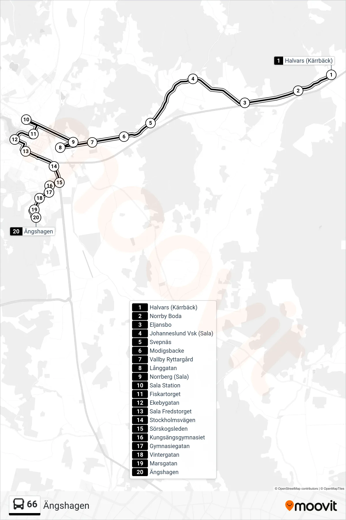 Rutt och hållplatser på karta för linje 66  spårvagn, (Ängshagen)