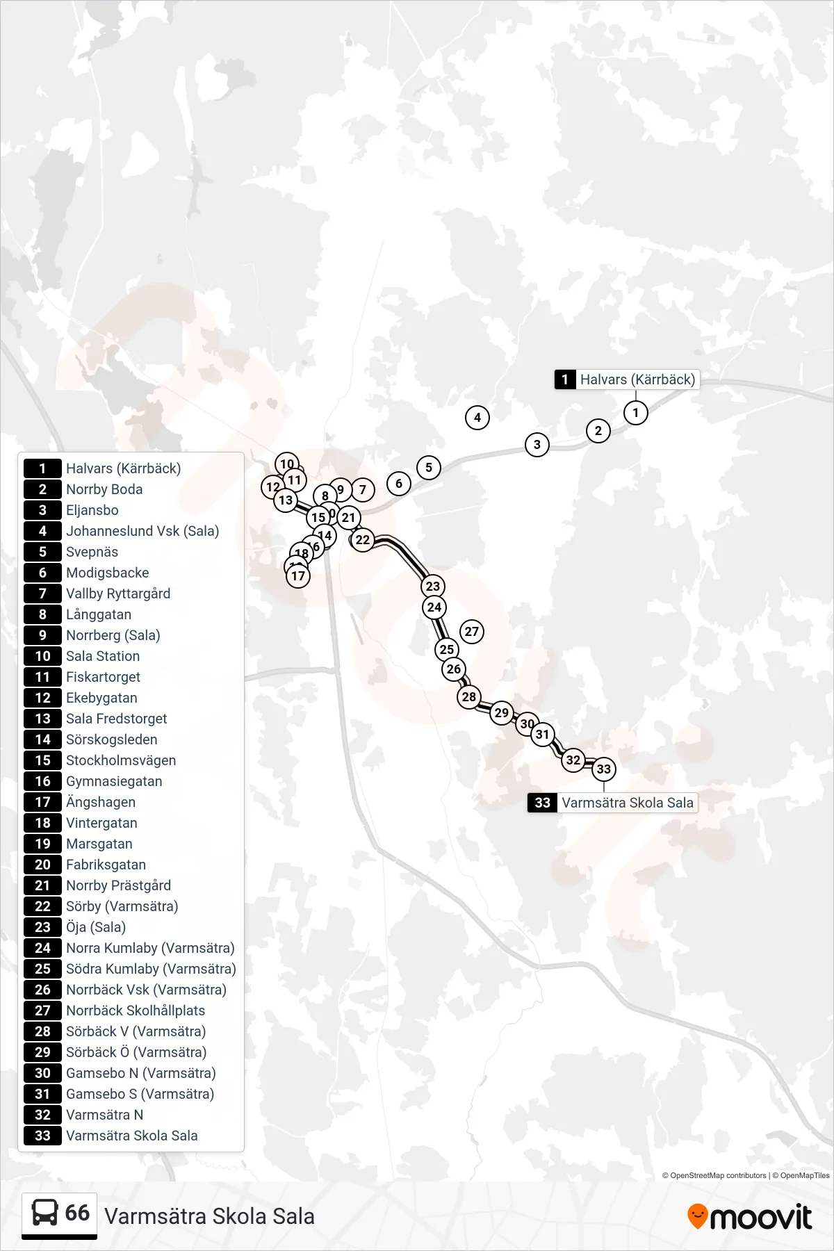Rutt och hållplatser på karta för linje 66 spårvagn, (Varmsätra Skola Sala)