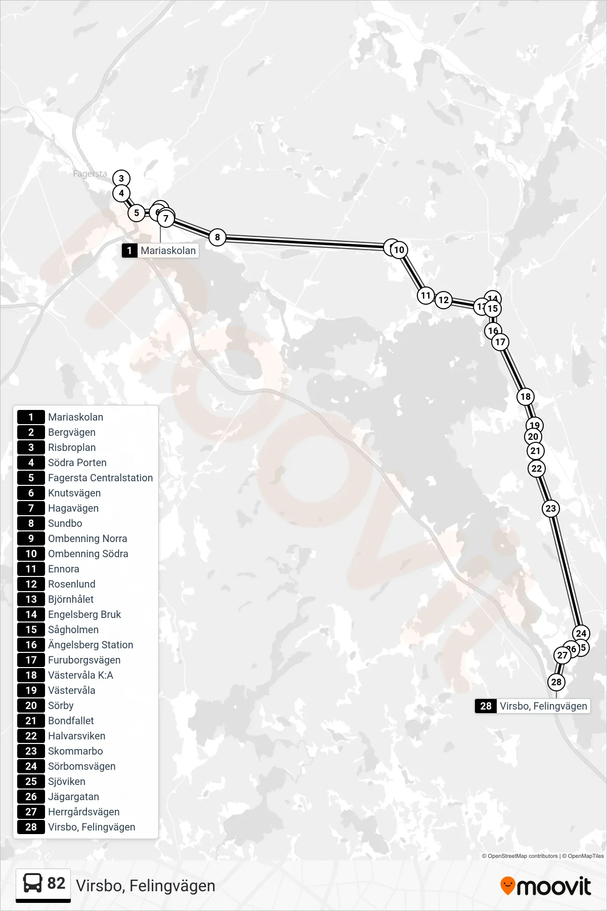 Rutt och hållplatser på karta för linje 82  spårvagn, (Virsbo, Felingvägen)