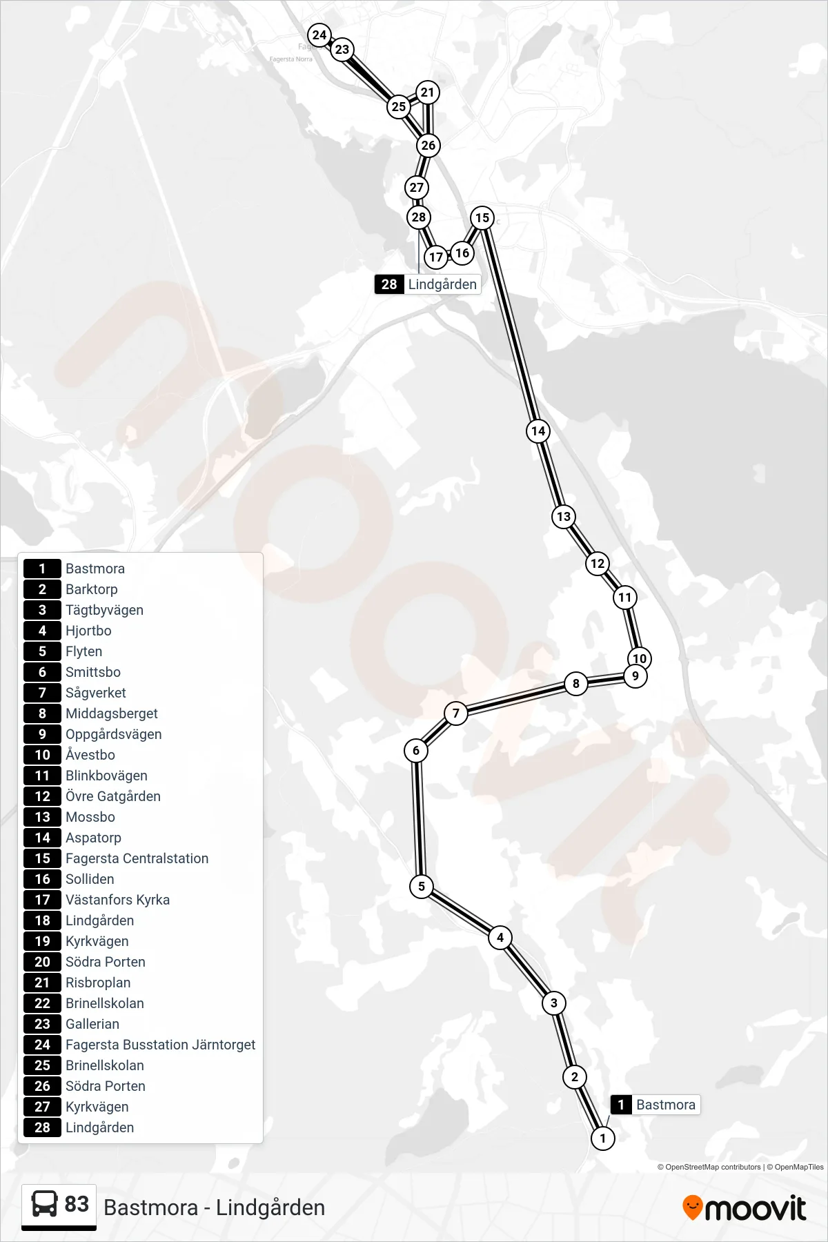 Rutt och hållplatser på karta för linje 83  spårvagn, (Lindgården)