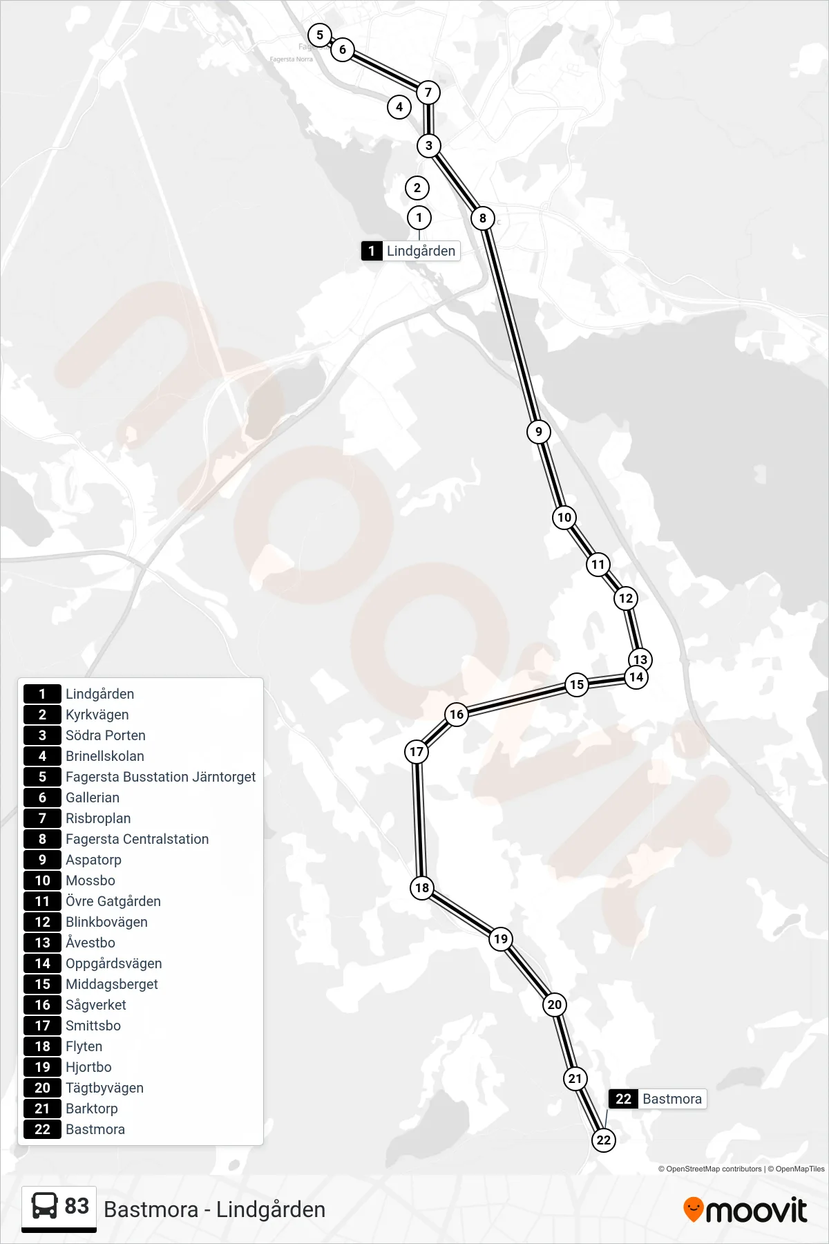 Rutt och hållplatser på karta för linje 83  spårvagn, (Bastmora)
