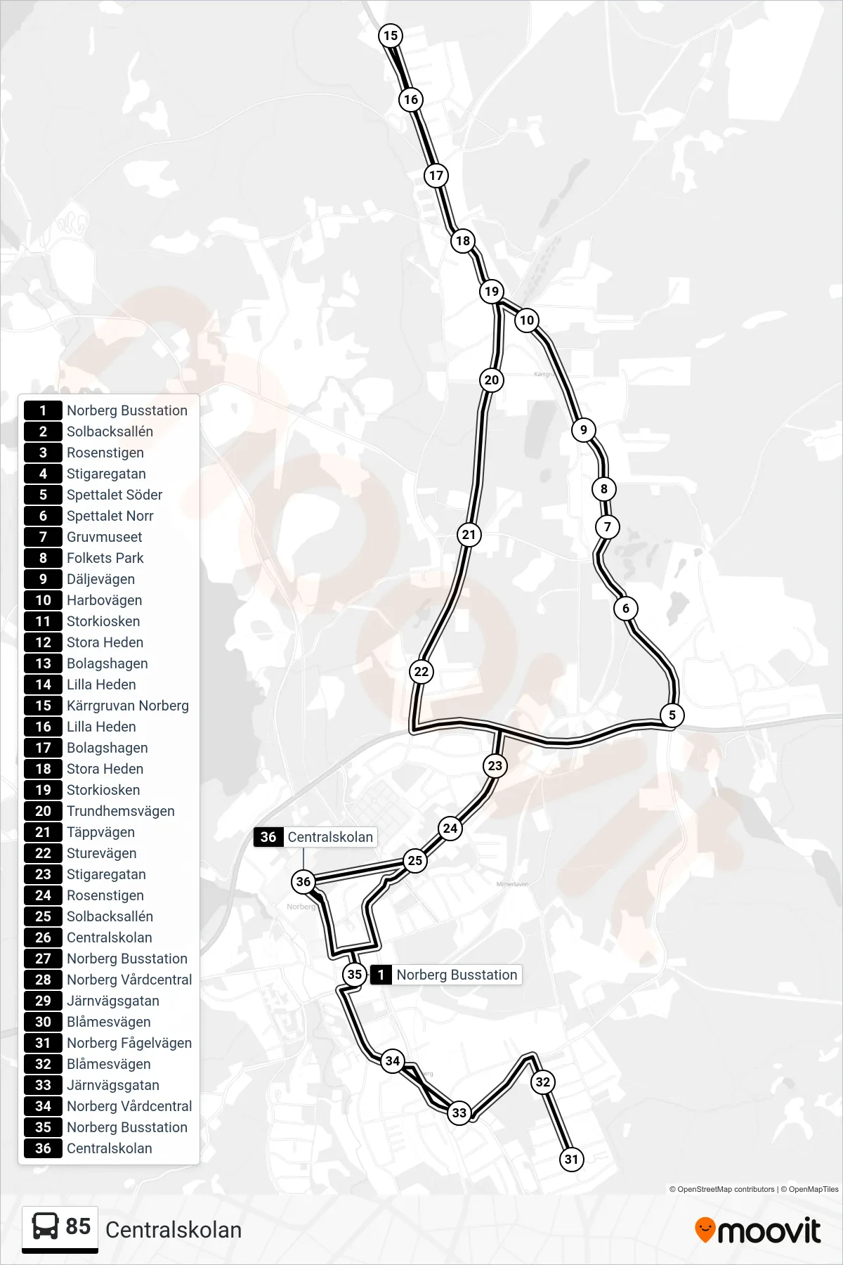 Rutt och hållplatser på karta för linje 85  spårvagn, (Centralskolan)