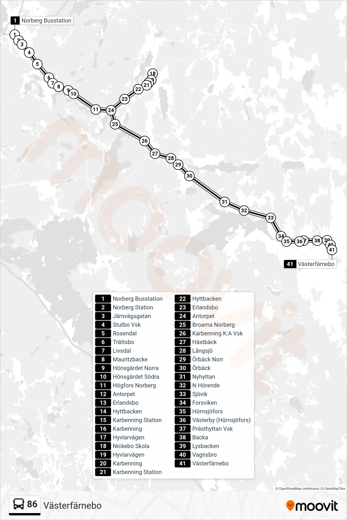 Rutt och hållplatser på karta för linje 86 spårvagn, (Västerfärnebo)