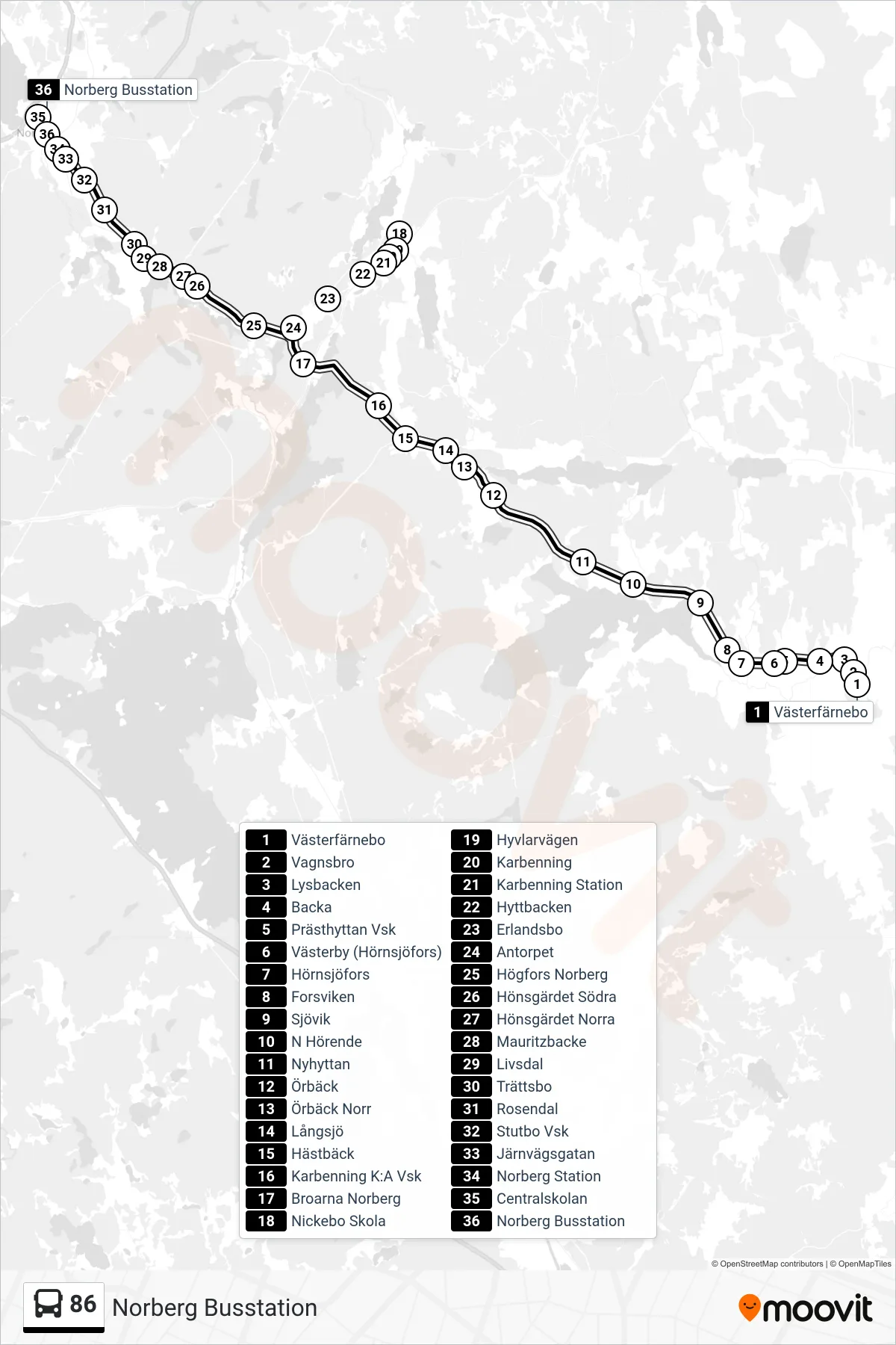 Rutt och hållplatser på karta för linje 86  spårvagn, (Norberg Busstation)