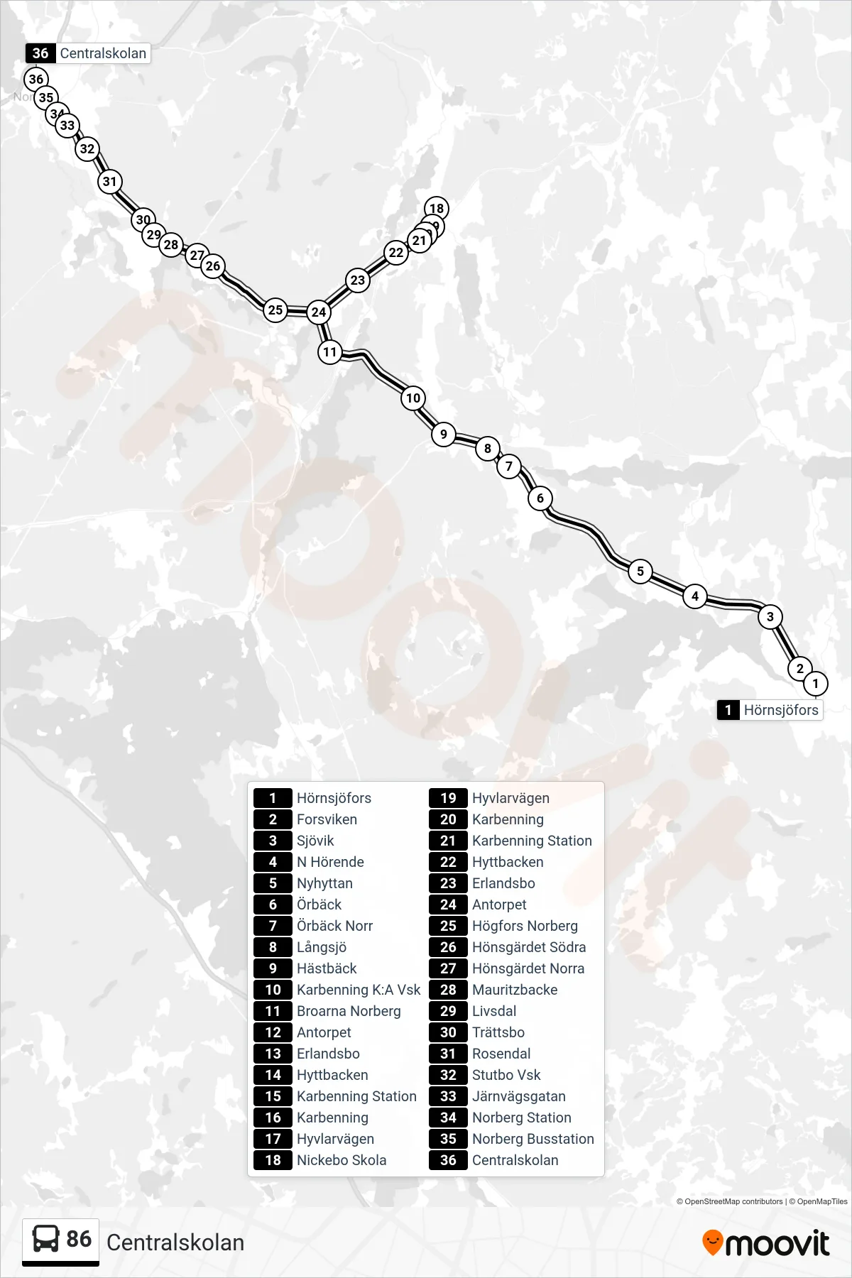 Rutt och hållplatser på karta för linje 86  spårvagn, (Centralskolan)